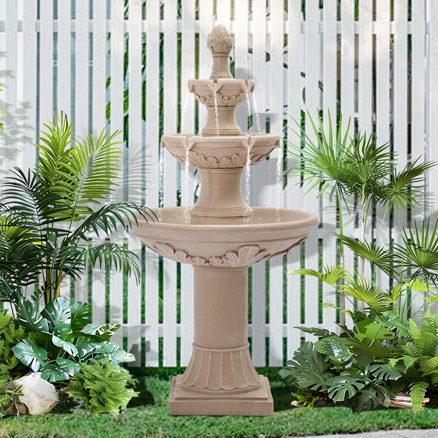 GIODIR Italian Outdoor Fountains and Waterfalls, 48.4" H Bubbler Floor Waterfall Fountain with Pineapple Top and Pump, 3 Tiered Garden Water Fountain for Patio Backyard Deck and Home Decor