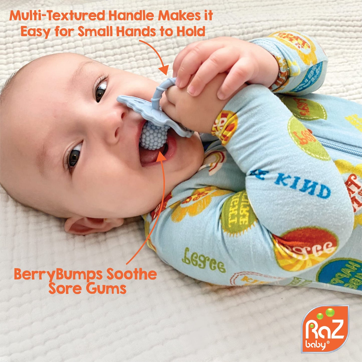 RaZbaby Penguin RaZbuddy w/RaZberry Teething Relief Pacifier – Soothes Sore Gums w/Nature-Inspired Texture, 100% BPA-Free Silicone Teether, Detachable Stuffed Animal – 3 Months+ Teether, Blue