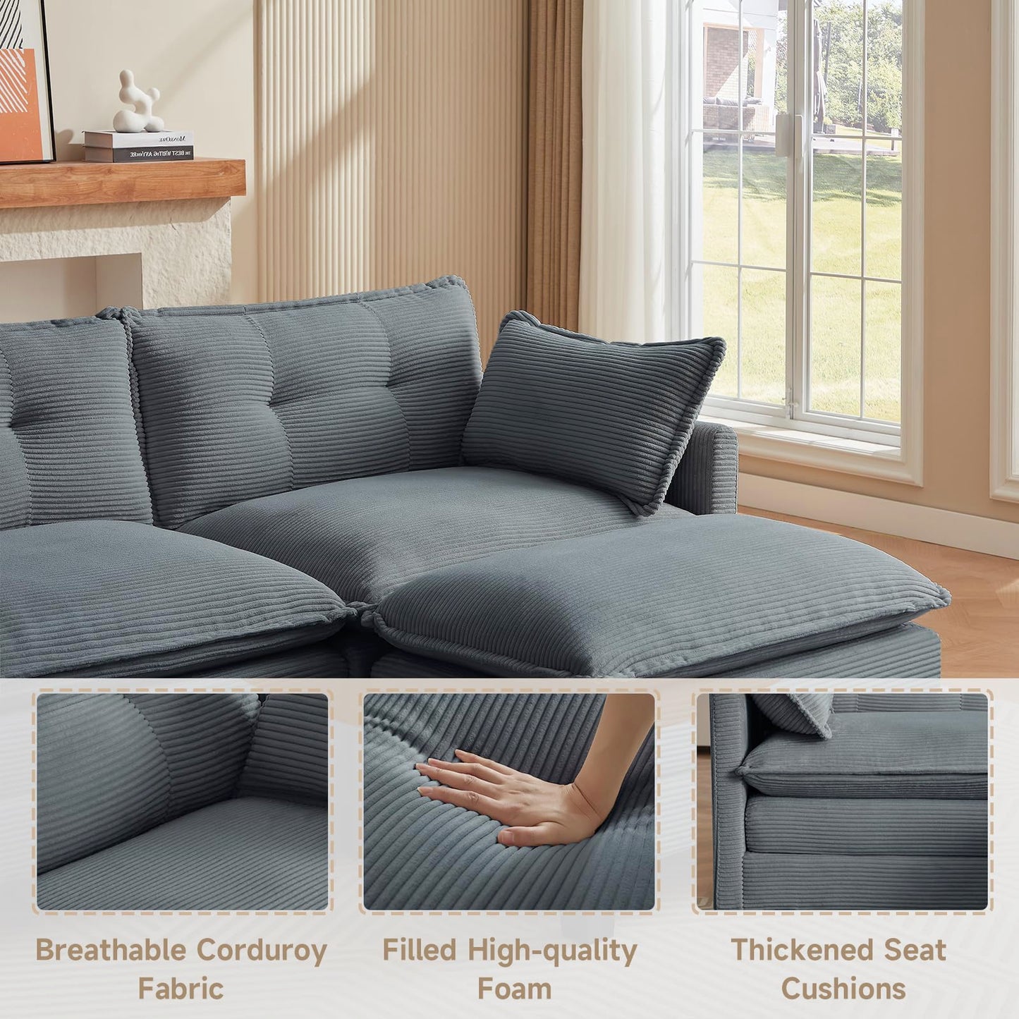 Amsleekey Modular Sectional Sofa, 111.5" U-Shaped Corduroy Comfy Sectional Couches for Living Room, 3-Seater Cloud Couches with 2 Movable Ottomans, Flexible Combination Modern Deep Seat Sofa (Grey)