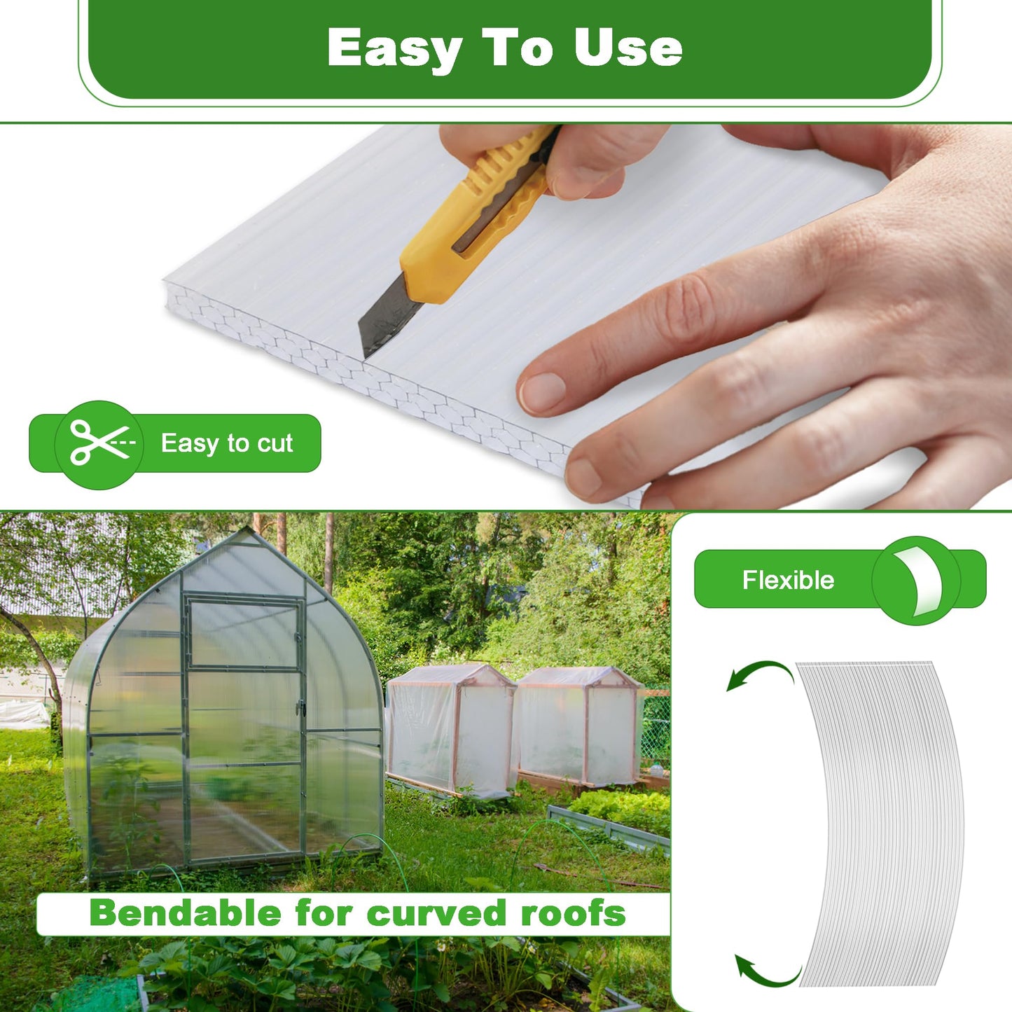 Quibbay 6PCS Polycarbonate Greenhouse Panels Sheets, 6' x 2' x 0.32'' Three-Layer Honeycomb Panels, UV Protected Corrugated Plastic Roof Panels, Clear Replacement Panels for Greenhouse Covering