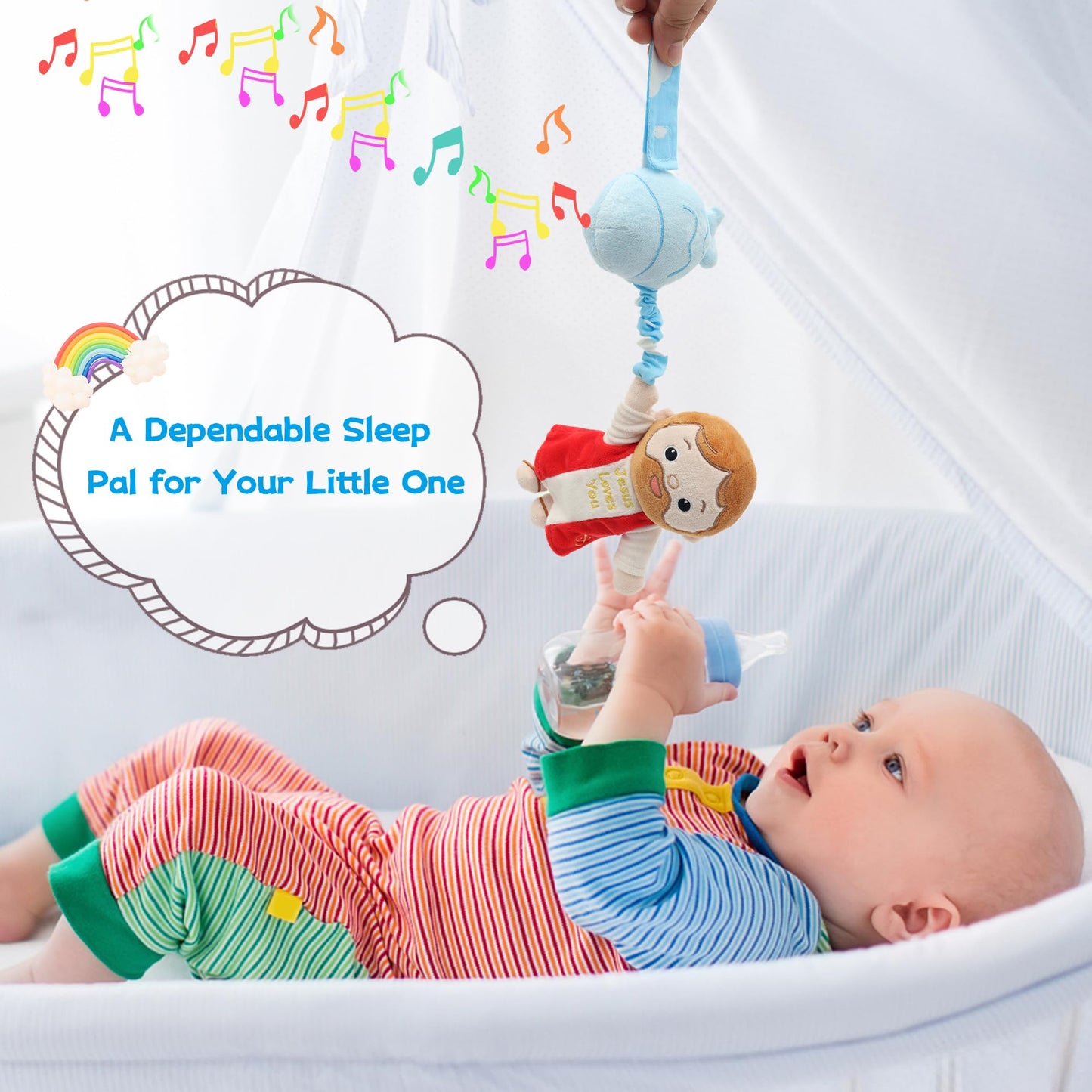 Yelakey Baby Jesus Musical Hanging Plush Toy with Lullaby Music Box Sensory Crib Toy for Newborn Baptism First Birthday Gift