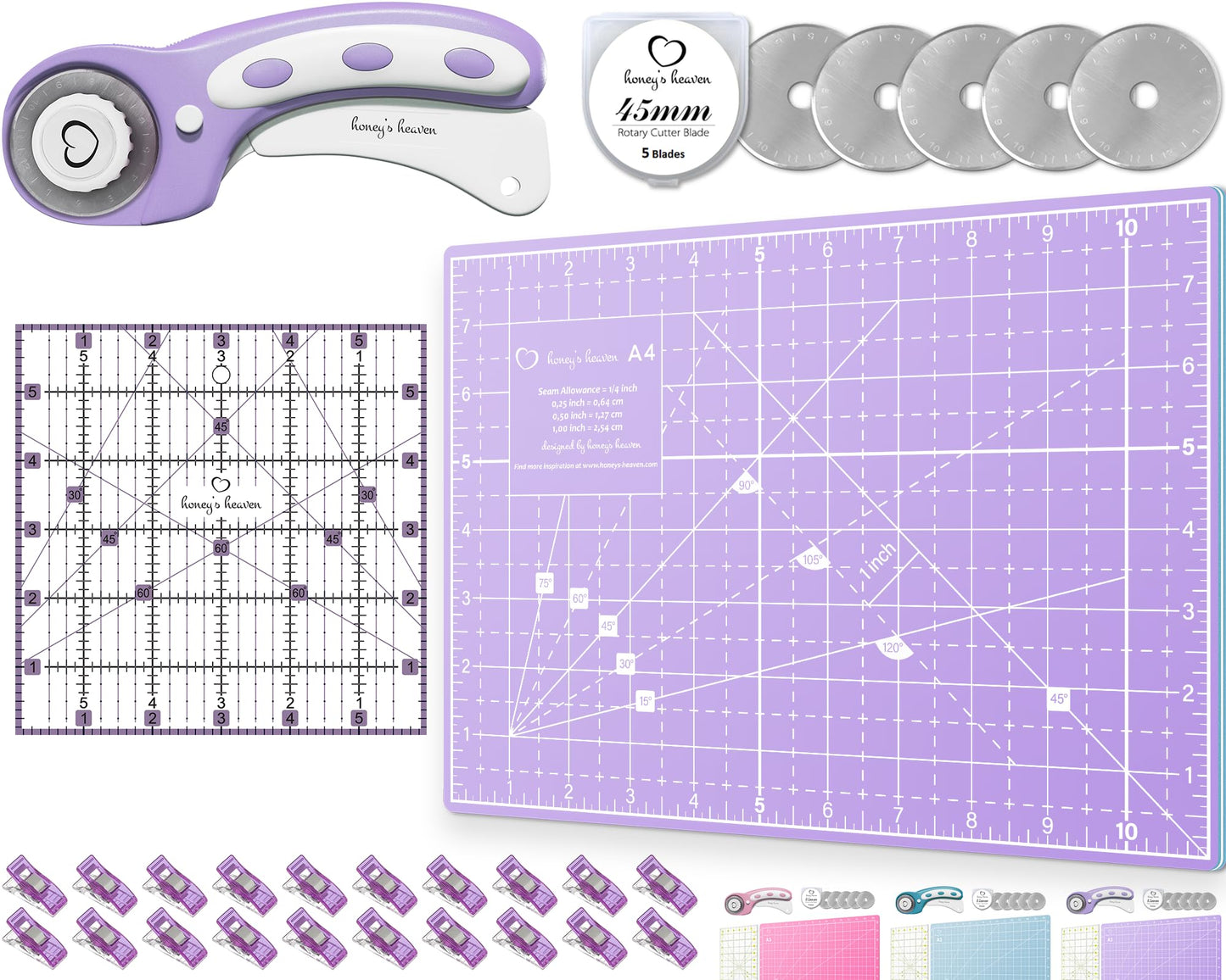 Rotary Cutter Set lavender - Quilting Kit incl. 45mm Fabric Cutter, 5 Replacement Blades, A3 Cutting Mat, Acrylic Ruler and Craft Clips - Ideal for Crafting, Sewing, Patchworking, Crochet & Knitting