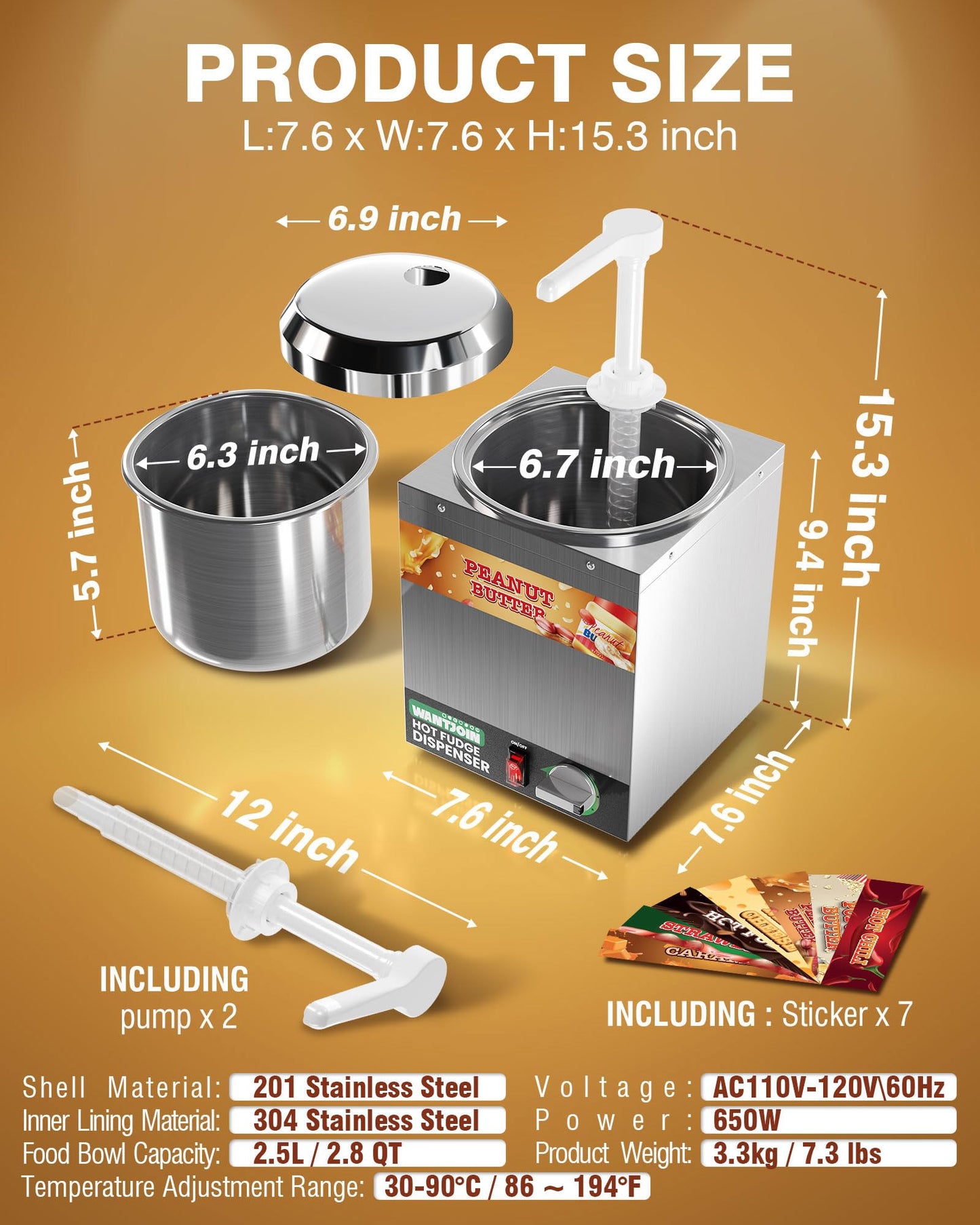 WantJoin Nacho Cheese Dispenser with Pump,2.8Qt Nacho Cheese Warmer,Stainless Steel Hot Fudge Warmer W/5-Level Temperature Adjustment,Commercial Hot Fudge Dispenser for Hot Fudge Cheese Caramel
