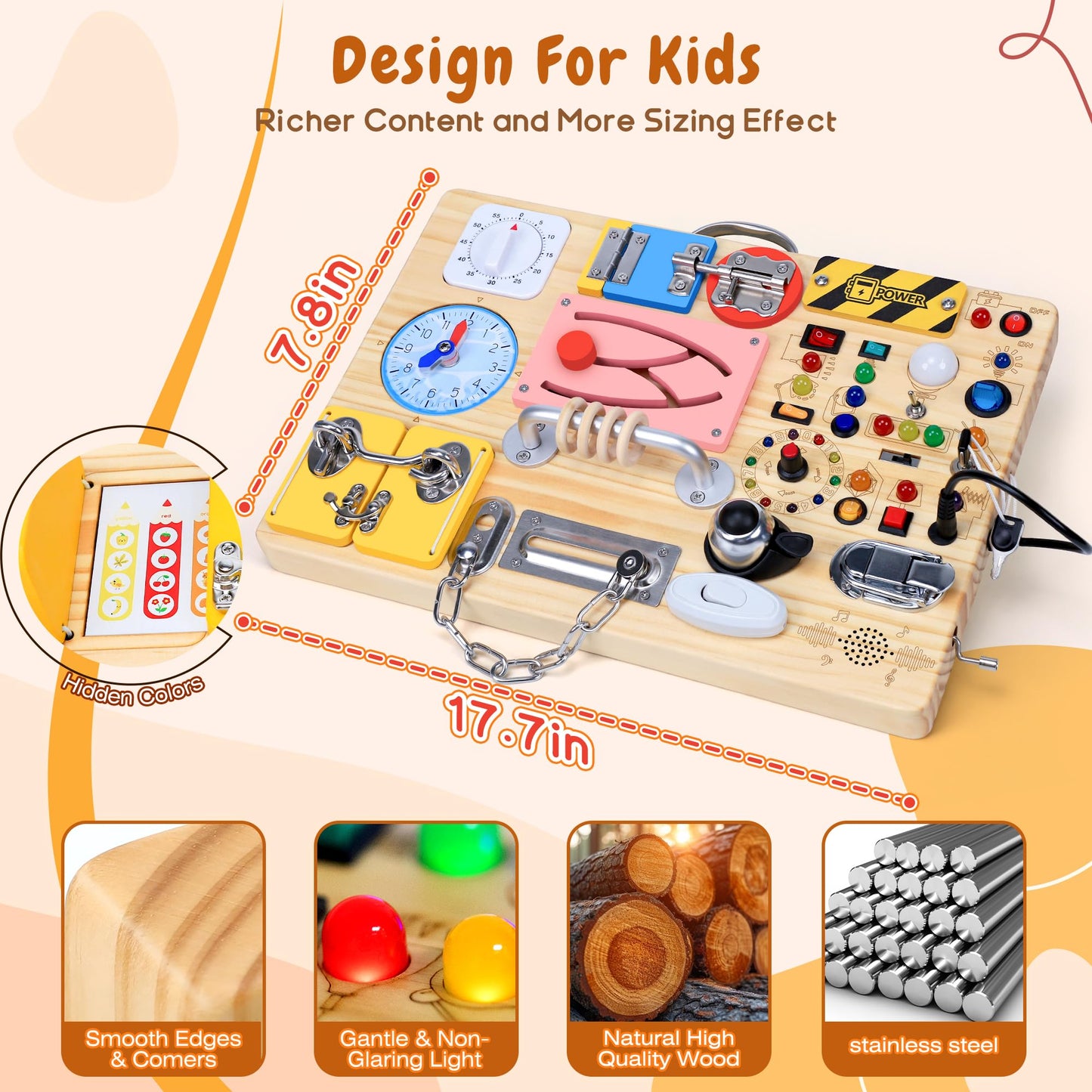 25 in 1 Busy Board with 13 LED Light Switches and 12 Activity, Montessori Toys for 1 2 3 Years Old, Wooden Sensory Board, Toddlers Travel Toys for 1+ Year Old Boy & Girl Birthday Gift（Extra-Large）