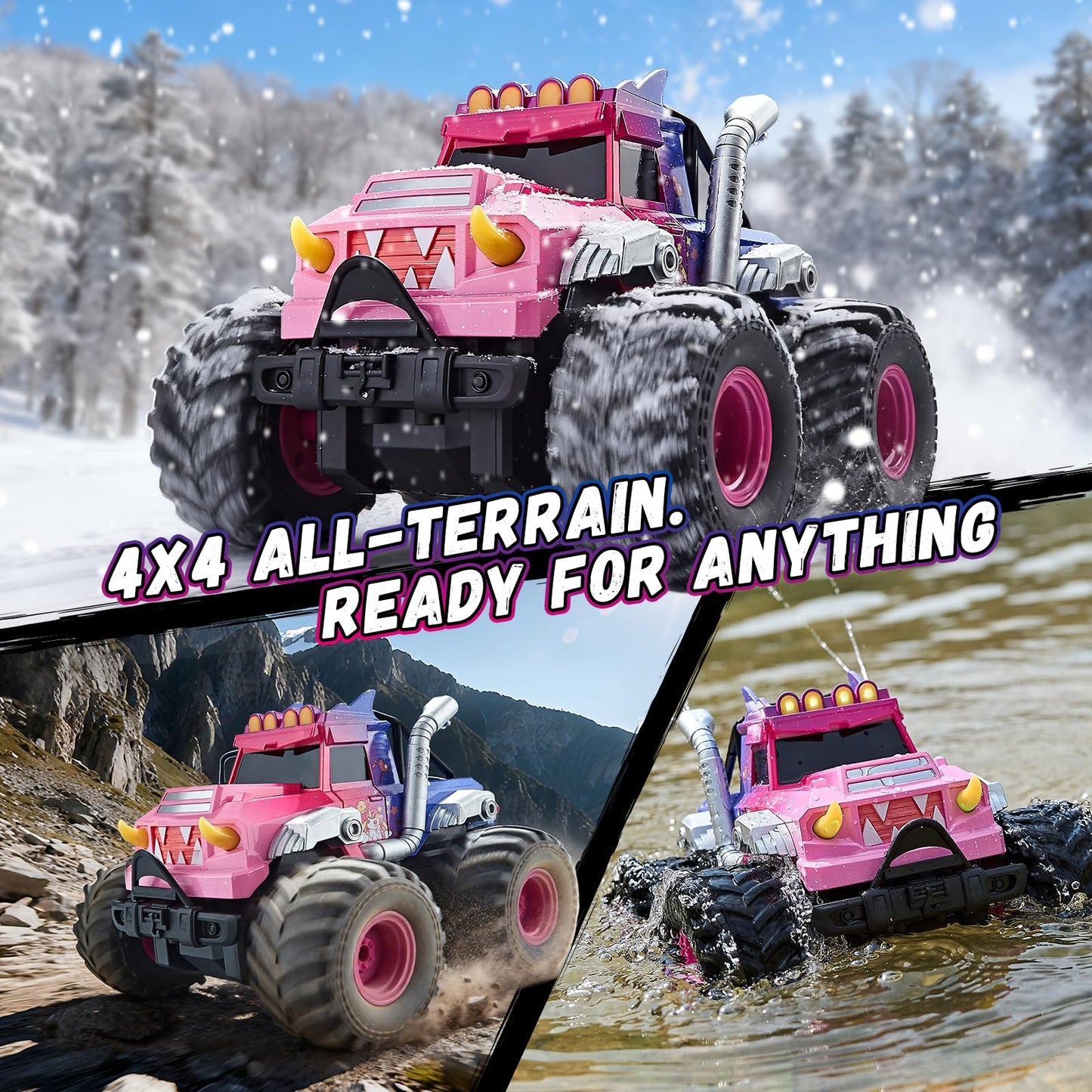 YEESWOOQI Remote Control Car for Girls, Waterproof Pink Monster Truck Toys W/Blocks & 360°Spin, 1:18 Amphibious RC Cars, 4WD All-Terrain Off-Road RC Trucks, Birthday Gifts Pool Toys for Kids Age 3-12
