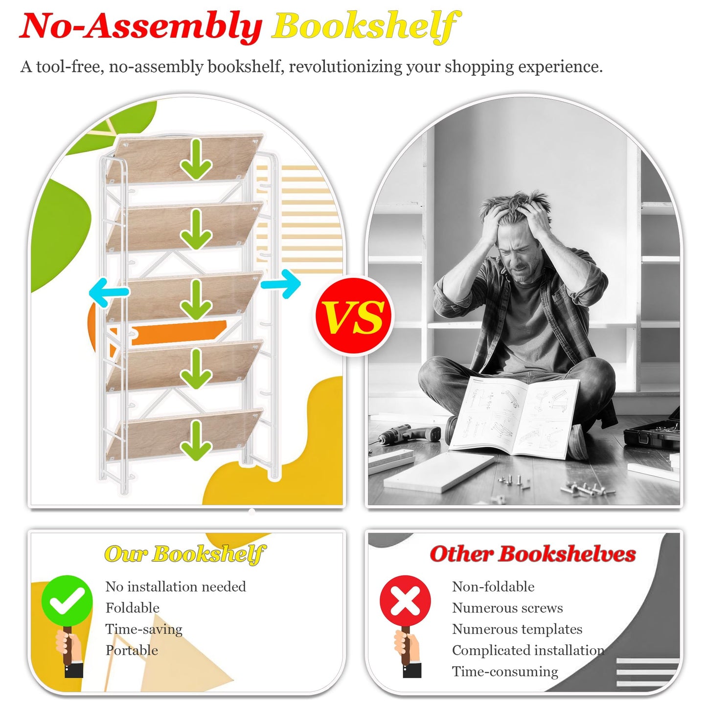 UDD Folding Bookshelf No Assembly, 54.1" H x 23.7" W, 5 Shelf Foldable Bookcase Industrial Collapsible Bookshelves, Open Storage Book Shelves for Small Spaces Home Office Living Room, Light Oak White