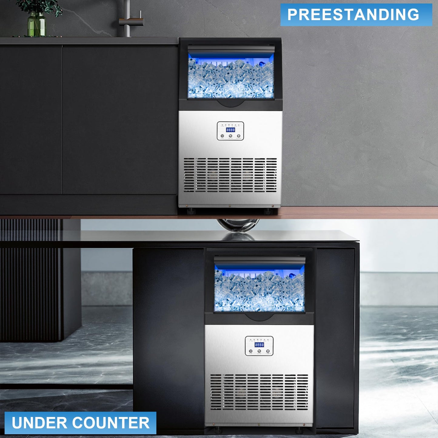 Zomagas 90LBS/24H Commercial Ice Maker Machine, Undercounter or Freestanding Stainless Steel Ice Machine with 25LBS Storage, 32 Cubes/Cycle, Self-Cleaning & Quiet Operation for Home, Bar, Restaurant