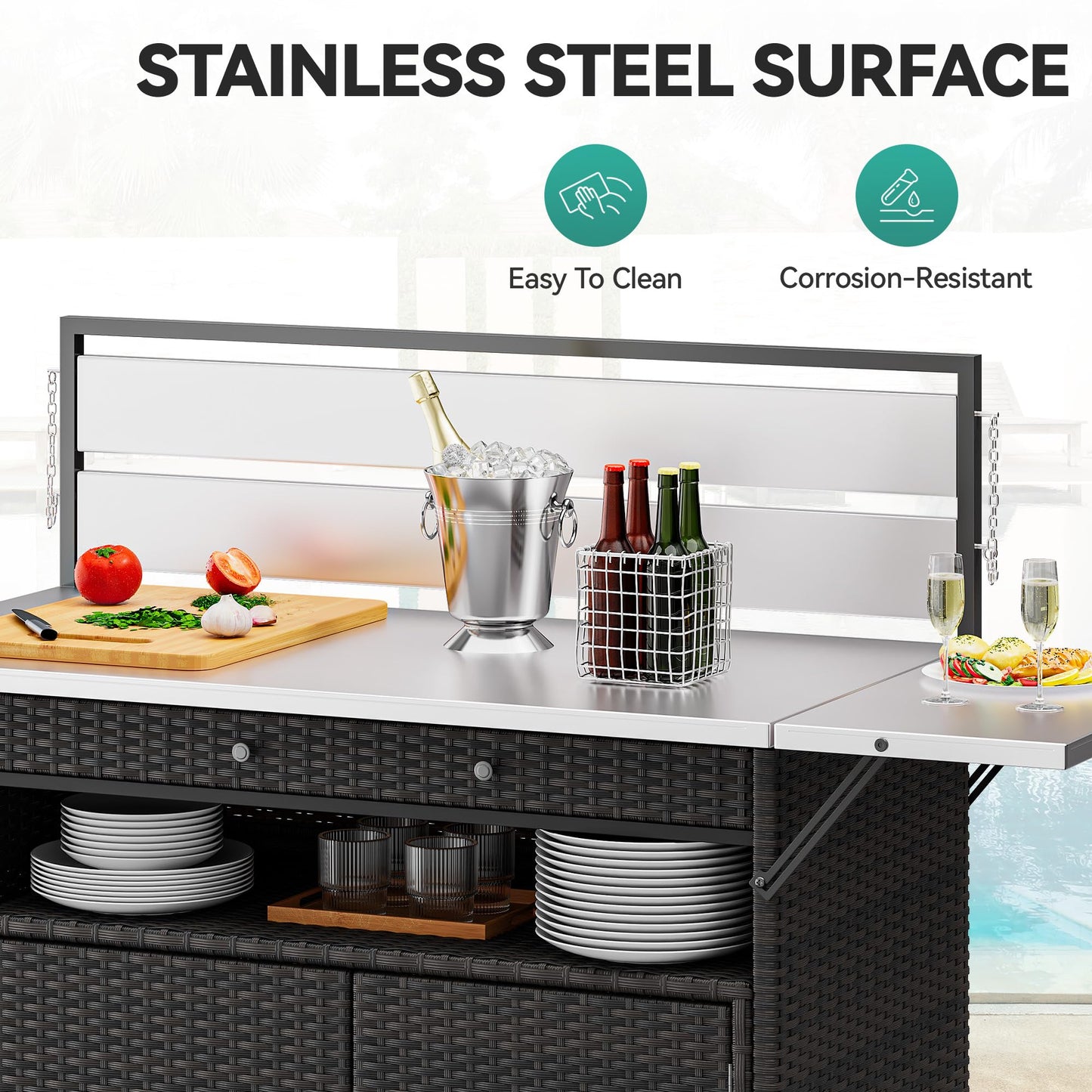 YITAHOME XL Outdoor Kitchen Island, Outdoor Bar Table & Storage Cabinet, Wheels and Stainless Steel Extended Table Top, Side Handle for Patio Kitchen or Bar Cart, Dark Brown