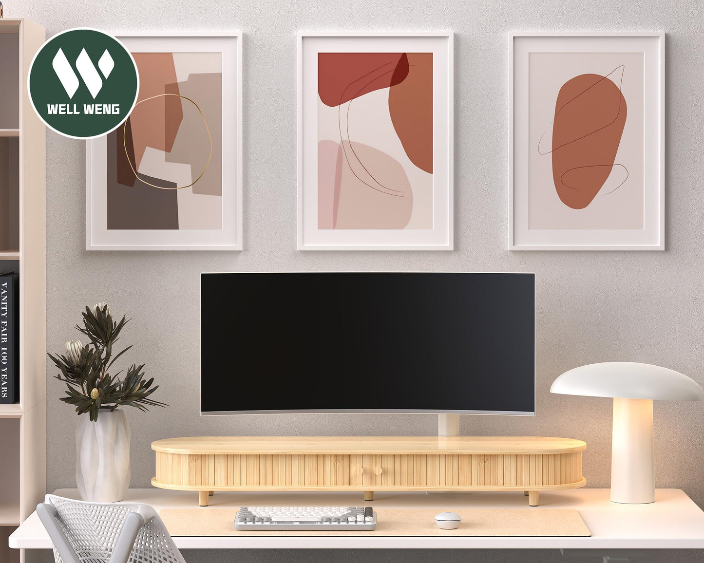 WELL WENG Bamboo Dual Monitor Stand with Storage, Curved Double Computer Laptop Stand Desk Shelf Organizer with Sliding Doors (42 inch)