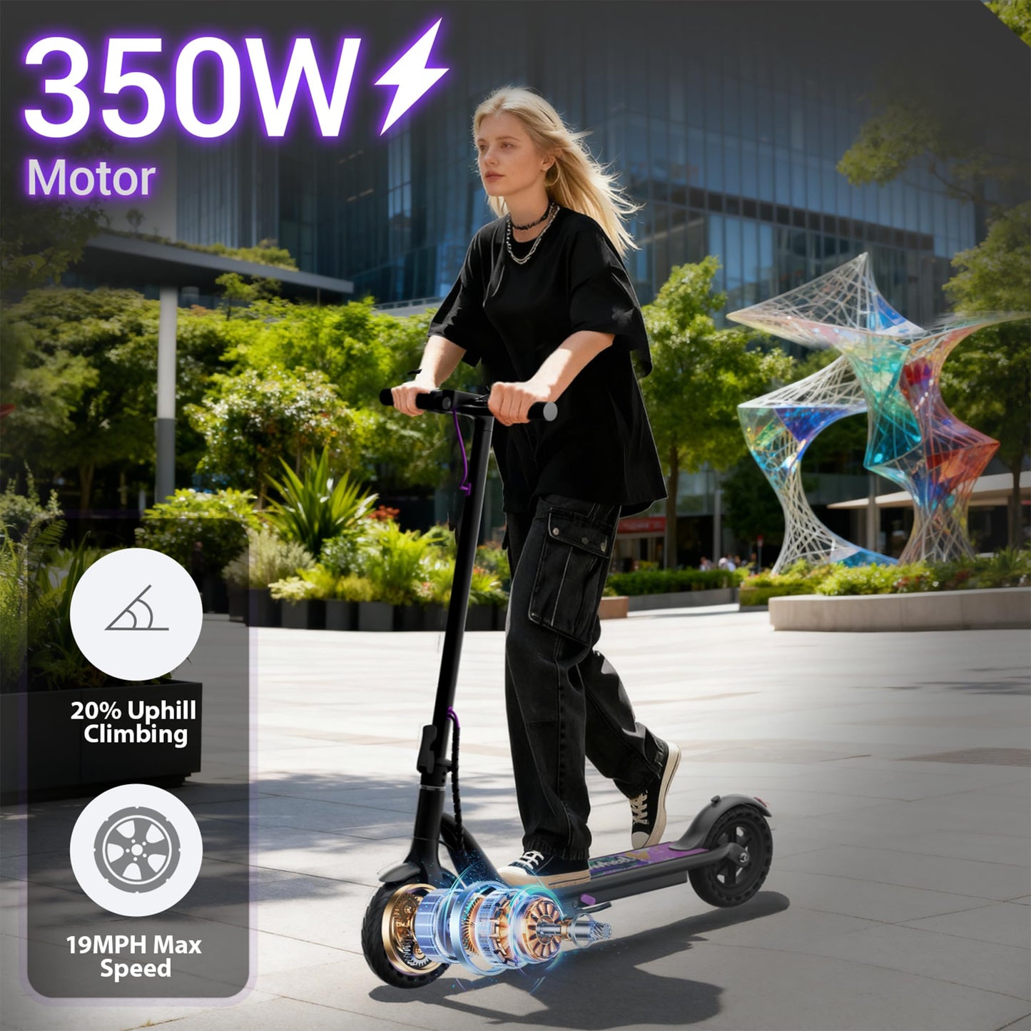 Electric Scooter Adults, 8.5" Foldable Solid Tires E Scooter for Adults, 19 Mph, 350W Motor, Kick Scooters Max 16 Miles Long Range for Commuting, Electric Scooter with Dual Braking System, APP Control