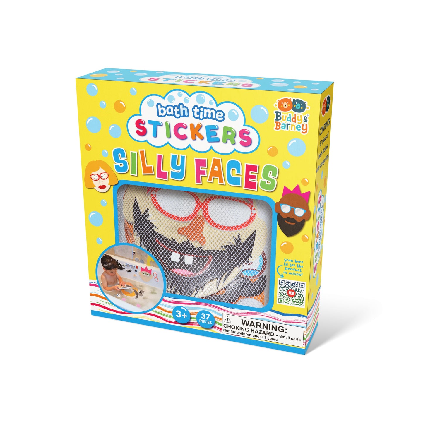 Buddy & Barney: Silly Faces Bath Time Stickers - 36 Reusable Foam Stickers & Mesh Storage Bag, Mix & Match, Fun Tub & Water Toy, Toddlers & Kids Age 3+