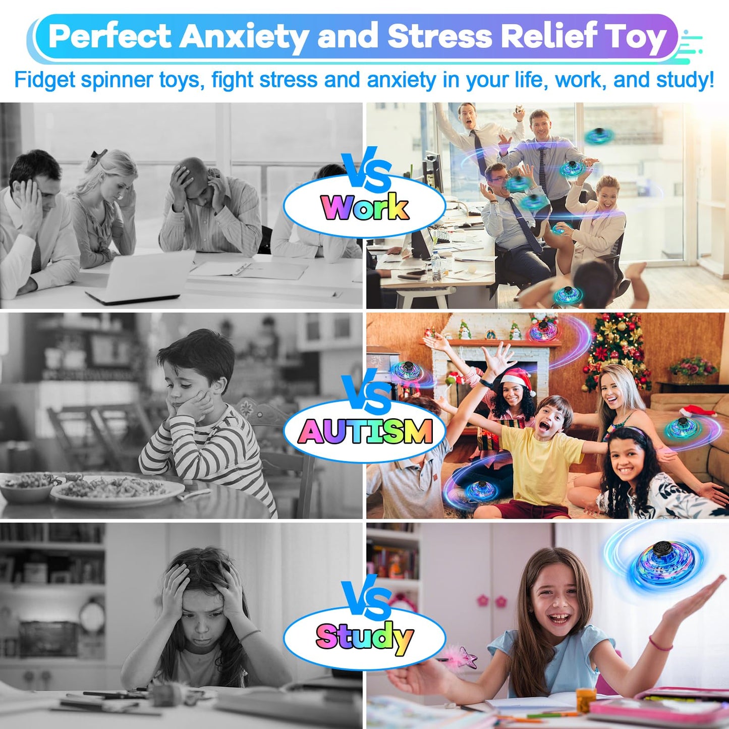 Vantexi Drone for Kids Flying Toys, 2026 Upgrade LED Fidget Spinner, Hand Operated Fidget Flying Spinner Toy for Indoor Outdoor, Christmas Birthday Gifts for 6 7 8 9 + Year Old Boys Girls (Blue, ABS)