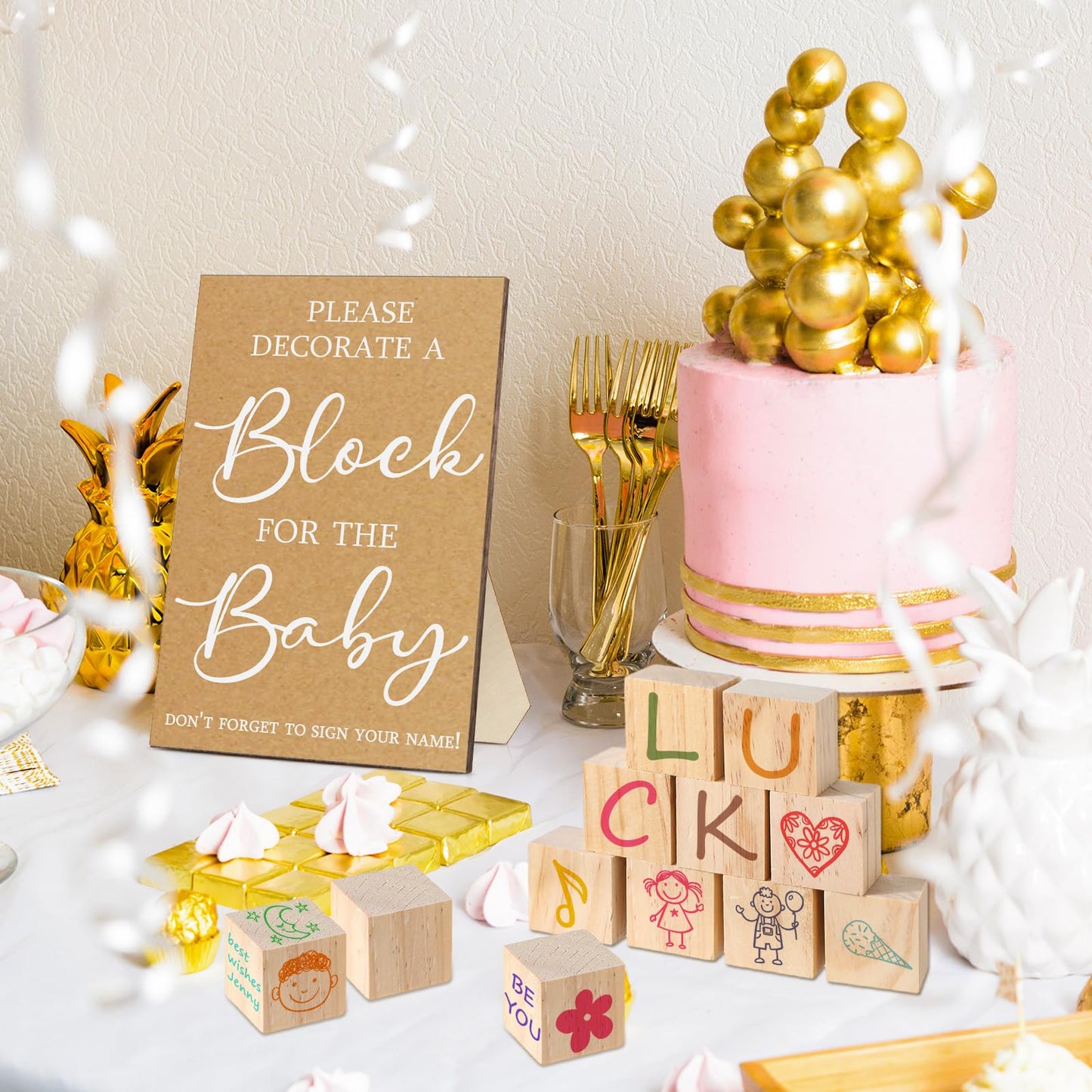 Tatuo 75 Pcs Baby Shower Block Games Here Comes The Son Baby Shower Decor 50 Blank Wooden Blocks 1 Decorate a Block Sign and 24 Paint Markers Party Decorations Activities for Guests(Kraft)
