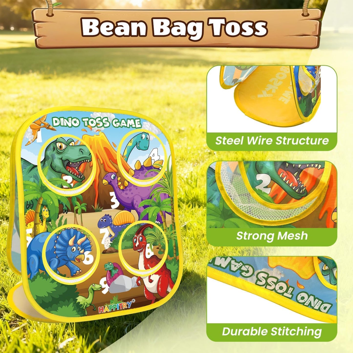 3-in-1 Dinosaur Bean Bag Toss Game for Boy Toddler Ages 3 4 5 Year Old, Cornhole Bags Set for 3-5 Preschool Kids, Outdoor Play Outside Toys in Backyard Lawn, Indoor Family Party Game, Birthday Gifts