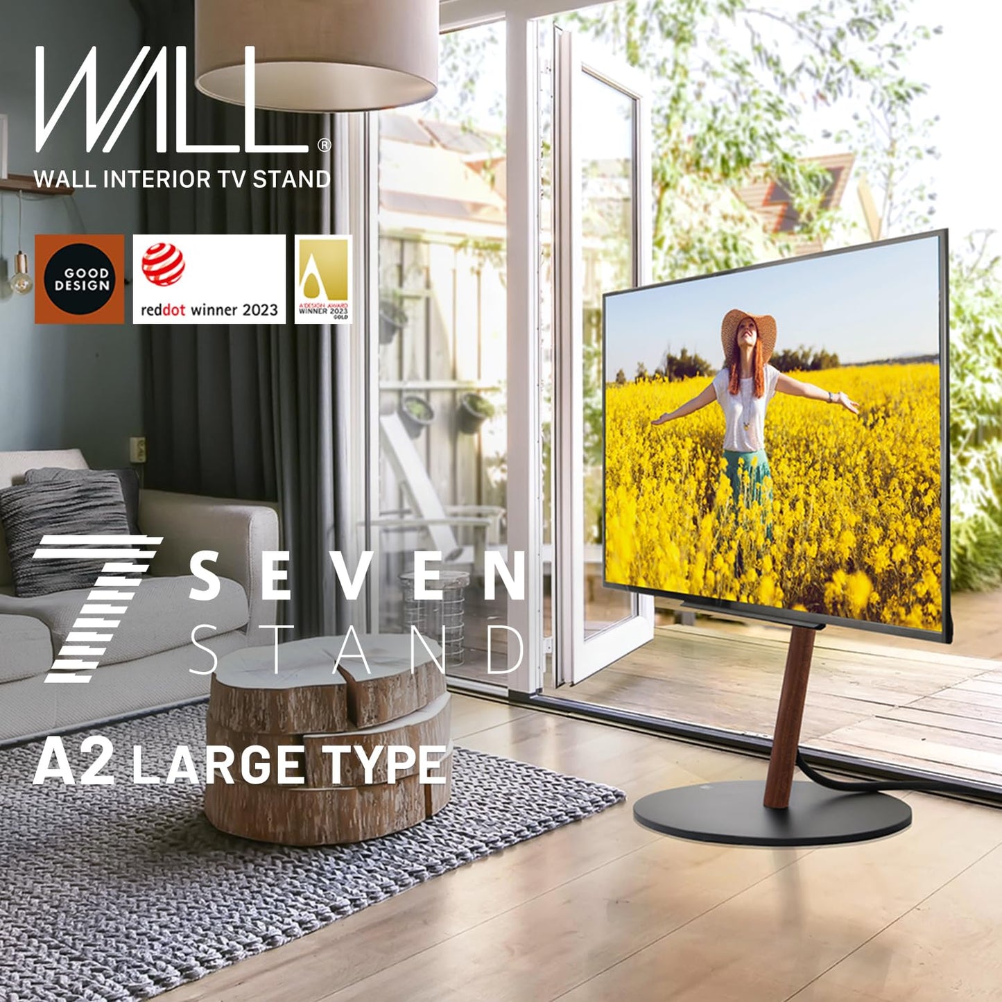 WALL A2 Large Type TV Stand w/ Entertainment shelf Black SET | Japanese Rolling Portable TV Stand with Concealed Caster Wheels for 45-80 Inch | Sleek Shelf | Walnut