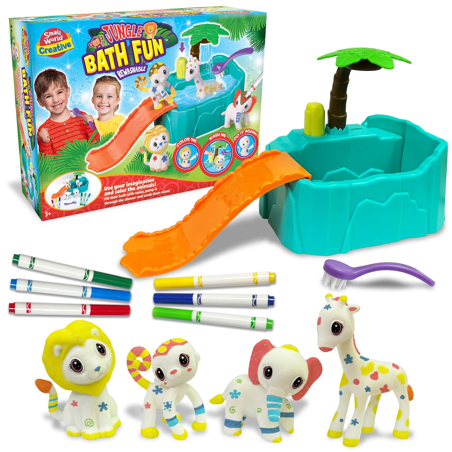 Small World Creative Jungle Bath Fun – Kids Pet Washable Recolor Bath Toy Set – Color, Wash & Play Jungle Animals Bath Time Toy – Creative DIY Toddler Arts & Crafts, Gifts for Girls & Boys, Ages 3+