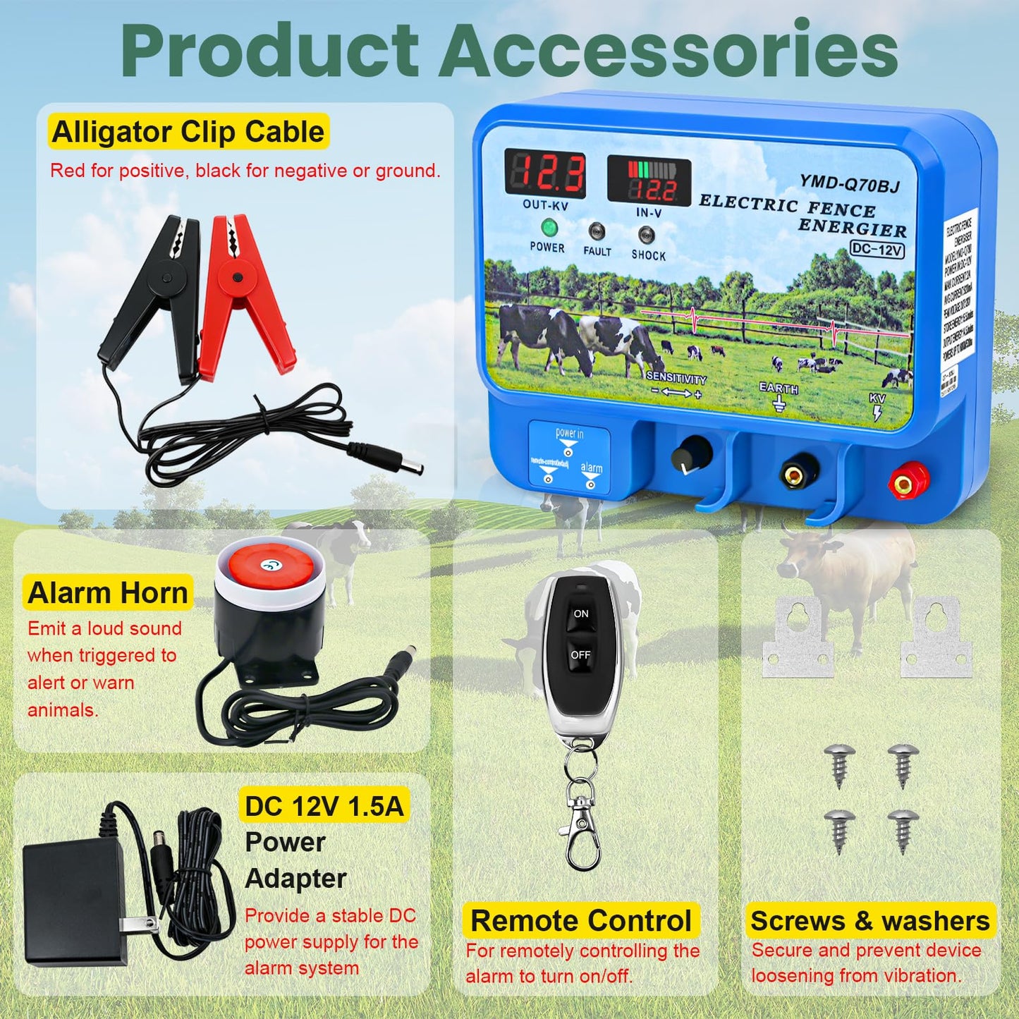 15.5J Electric Fence Charger, 15.5 Joules 600 Acres, AC DC 2 in 1 Powered Supply, Input 12V Output 12KV, with Display Remote and Alarm, Keep Out Predators, Contain Cattle Cow and Livestock