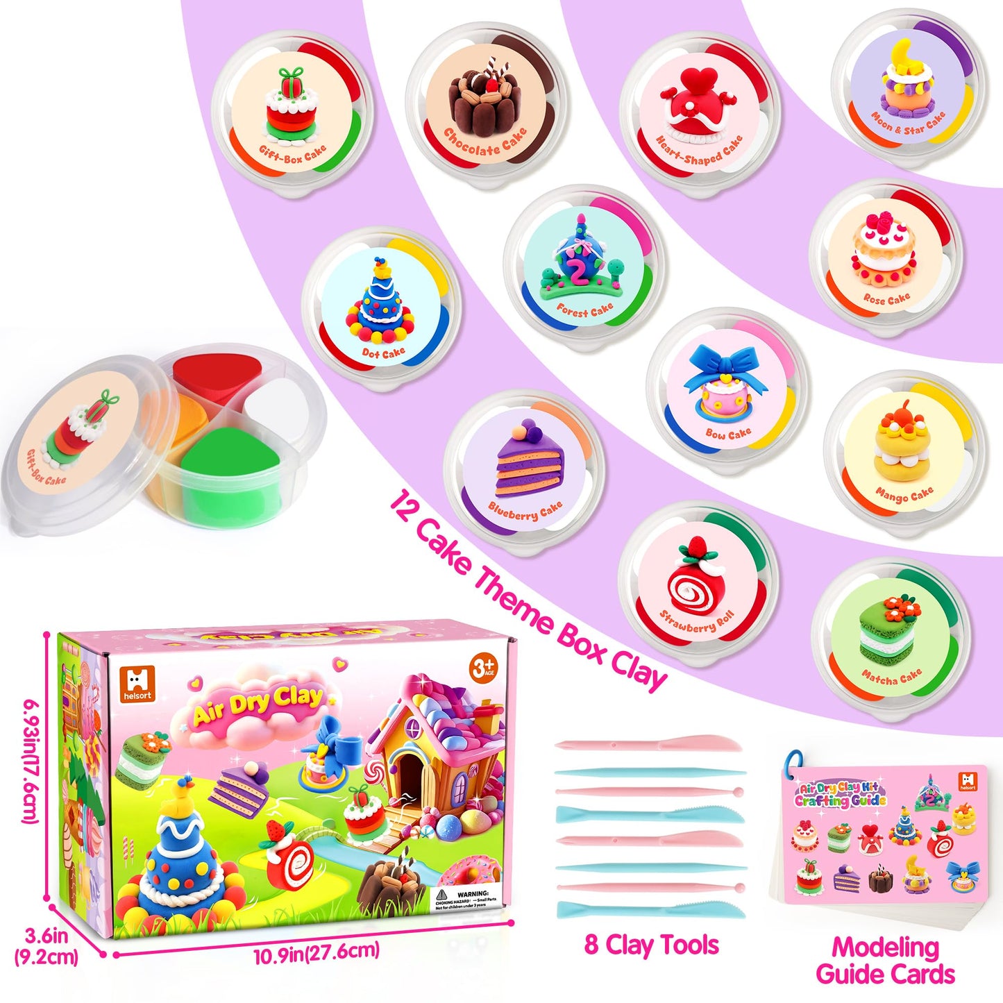 Air Dry Clay Kit, 12 Cake Modeling Clay for Kids, Molding Clay Set with Sculpting Tools and Tutorial, Ultra Light, Safe & Non-Toxic, Arts and Crafts School Projects, Home Party Favor for Boys Girls