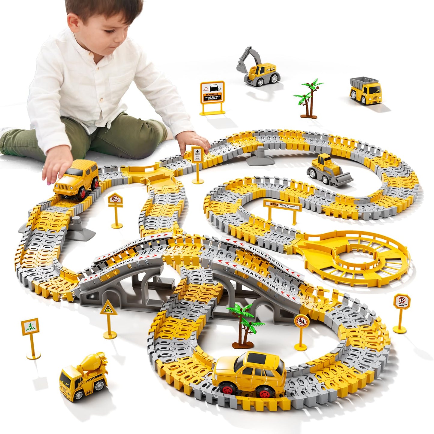 iHaHa Toddlers Construction Race Tracks Toys Gifts for 3 4 5 6 Years Old Boys Kids, 2PCS Electric Race Cars & 4 PCS Construction Trucks, Birthday Gift Toys for Boys 2 3 4 5 6+