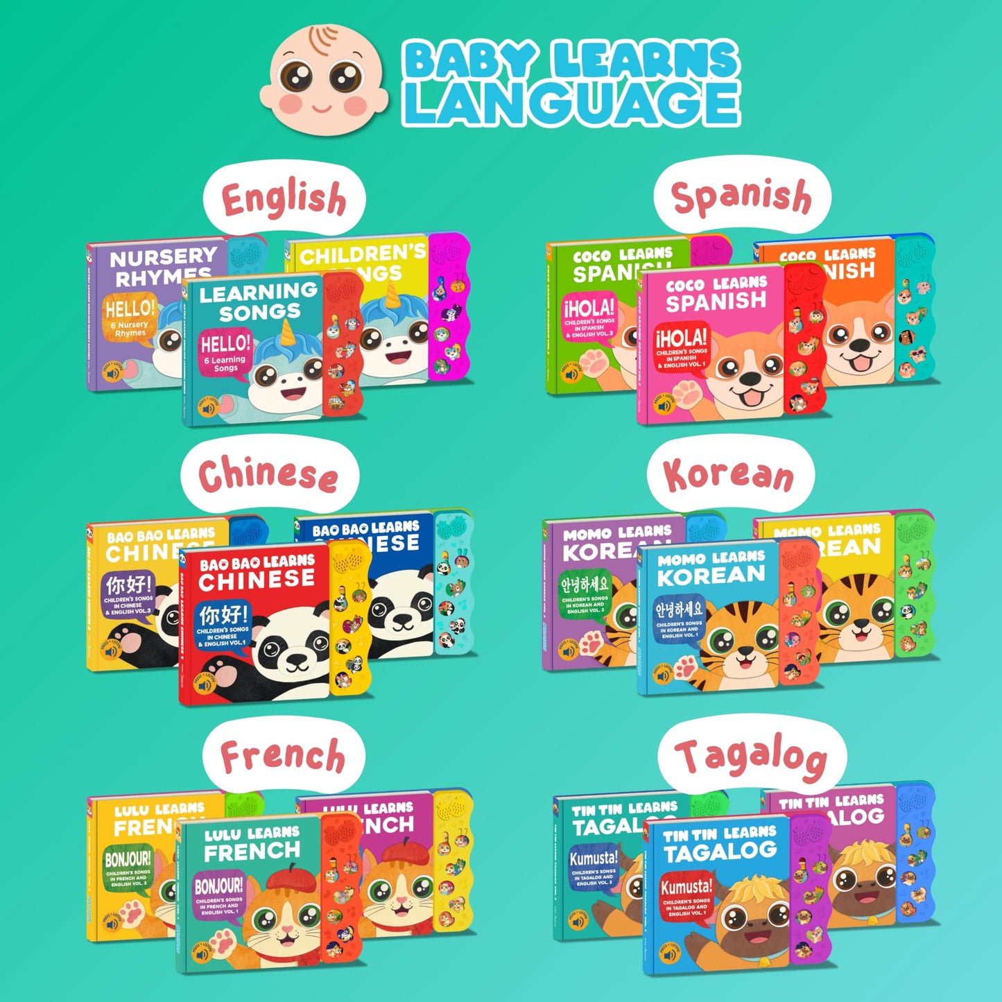 Lulu Learns French Vol. 1 — Interactive Sound Board Book for Toddlers 1-3, Bilingual English & French Songs & Music, Talking Musical Learning Toy and Gift for Babies & Kids