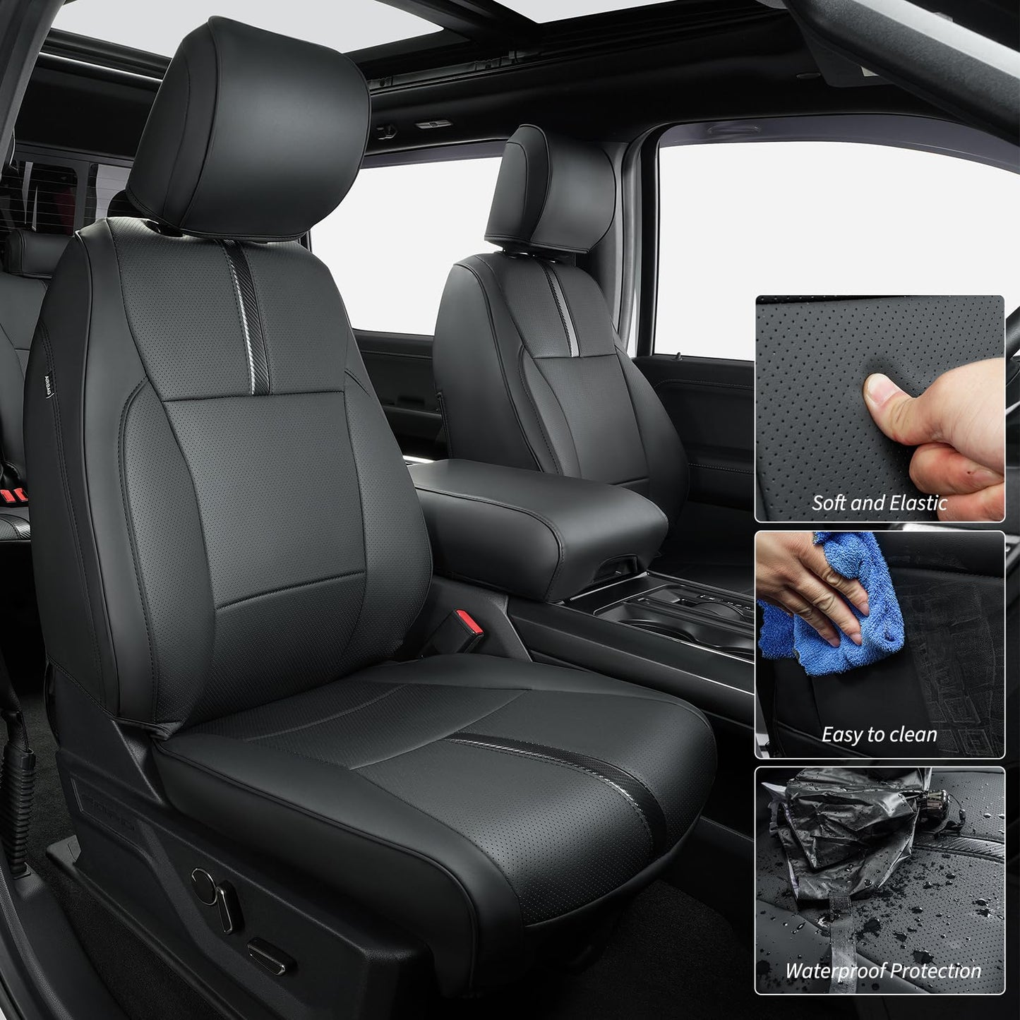 Car Seat Covers Custom for Ford F-150 | 2025 2024 2023 2022 2021 | Full Set for F150 SuperCrew CrewCab XL XLT | Pickup Leather Seats Protector Coverage Cushion F 150 Interior Accessories | Black