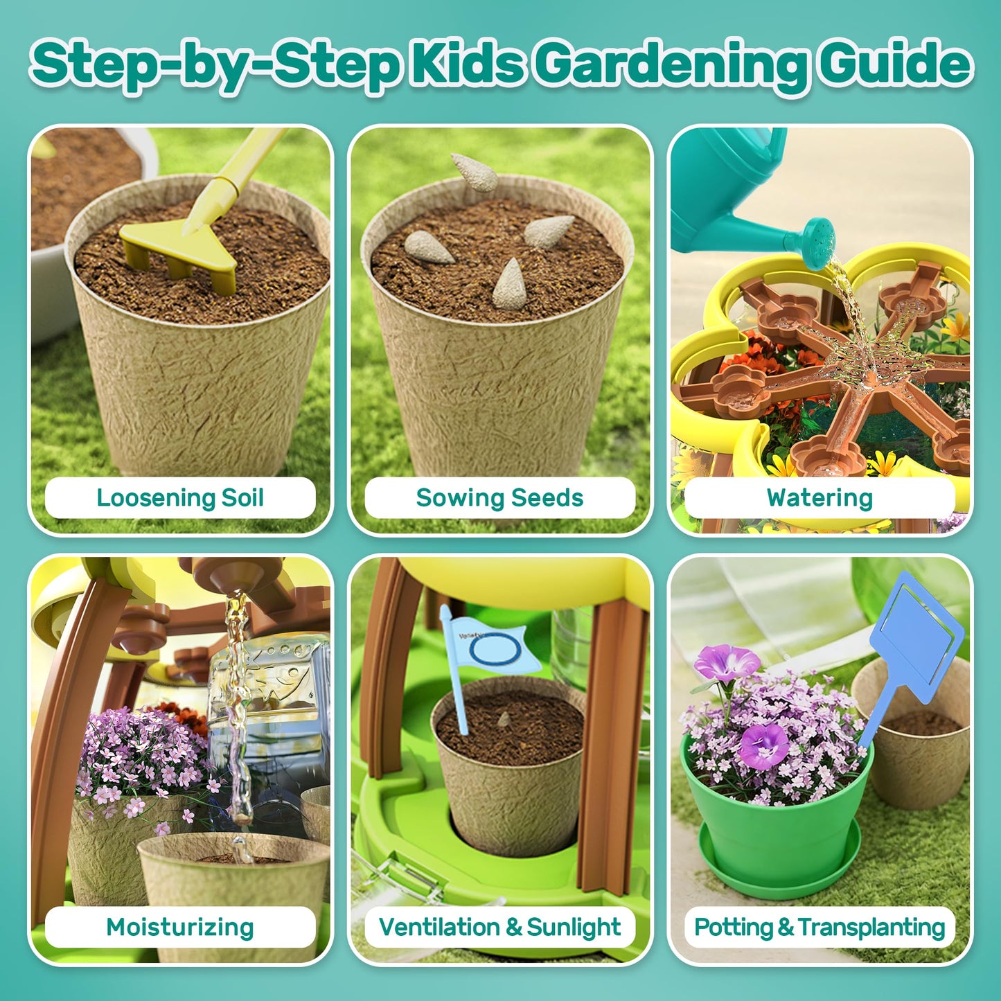 CUTE STONE Kids Gardening Set, Plant Growing Kit with Wheelbarrow, 3 Metal Garden Tools & Kids Grow House with Upgraded Irrigation, Outdoor Indoor STEM Toys for Toddlers 3+