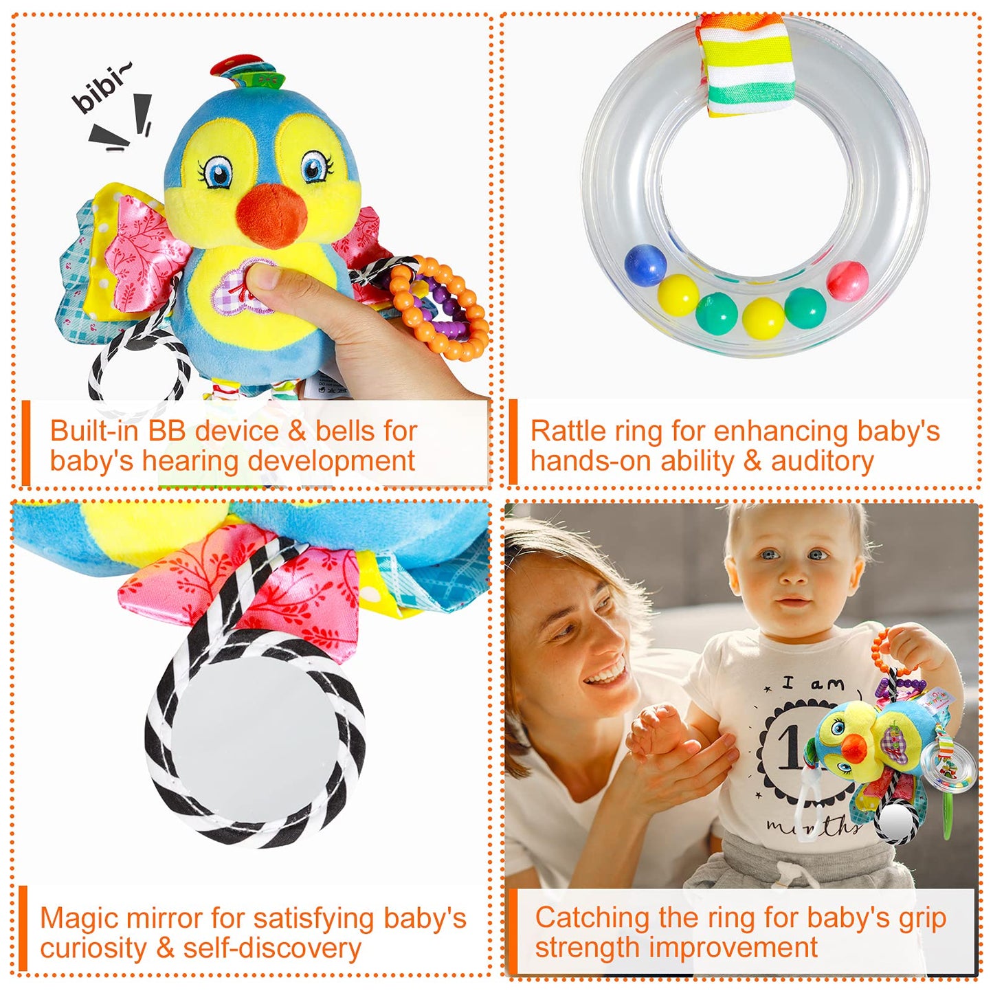 Funsland Baby Stroller and Car Seat Toys for Infant - Hanging Rattle Teether Clip on Soft Plush Baby Toys for Boys and Girls 3-12 Months