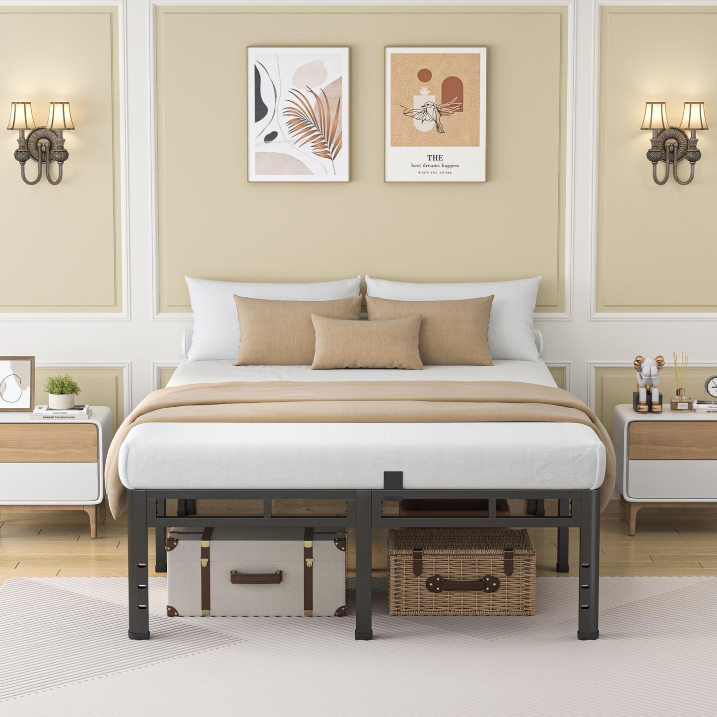 NKZ 18 Inch Queen Size Bed Frame, Metal Bed Frame & Box Spring 2 in 1 Platform with Round Corner Legs, 4000Lbs Heavy Duty Metal Frame, Mattress Slide Stopper, Headboard Hole, Noise-Free, Easy Assembly
