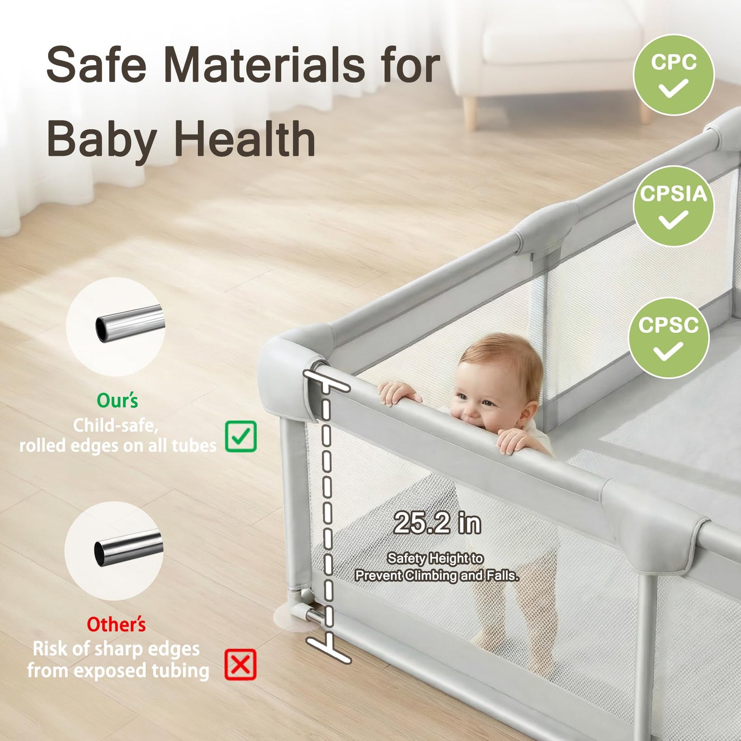 Funyoo 71" ×59" Baby Playpen with Gate, Large Baby Play Pen for Babies and Toddlers, Infant Fence Play Yard with Door for Living Room, Anti-Fall, Breathable Mesh