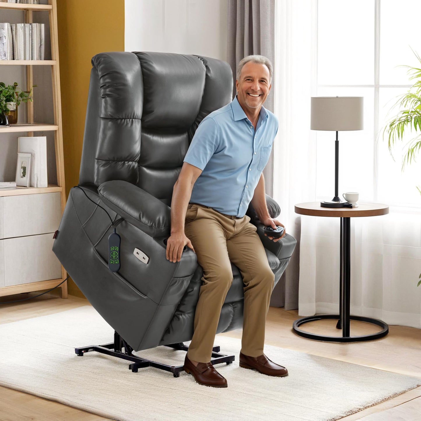 MCombo Large Triple Motor Power Lift Recliner Chair with Massage and Dual Heating, Adjustable Headrest for Tall Elderly People, Faux Leather 7634 (Dark Grey, Large)