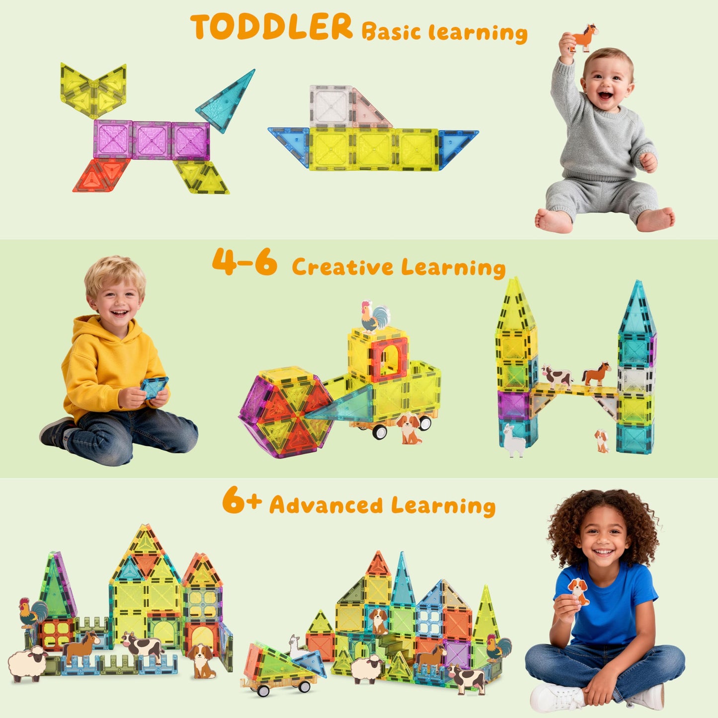 RiteHold Magnetic Tiles Farm Animals 52PCS, STEM Toys Magnet Building Blocks for Kids Ages 3 4 5 6 7 8, Toddler Construction Stacking Tiles Toys Gifts for Boys Girls 3+