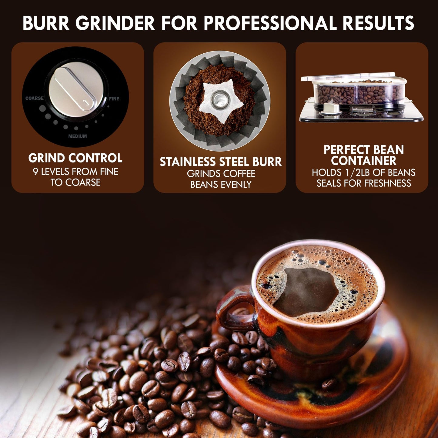 Kenmore Elite Grind and Brew Coffee Maker with Built‑In Burr Grinder, Automatic Drip Machine, 12‑Cup Programmable Brewer, Bean‑to‑Cup Cafetera, Stainless Steel Coffee Maker for Home & Office