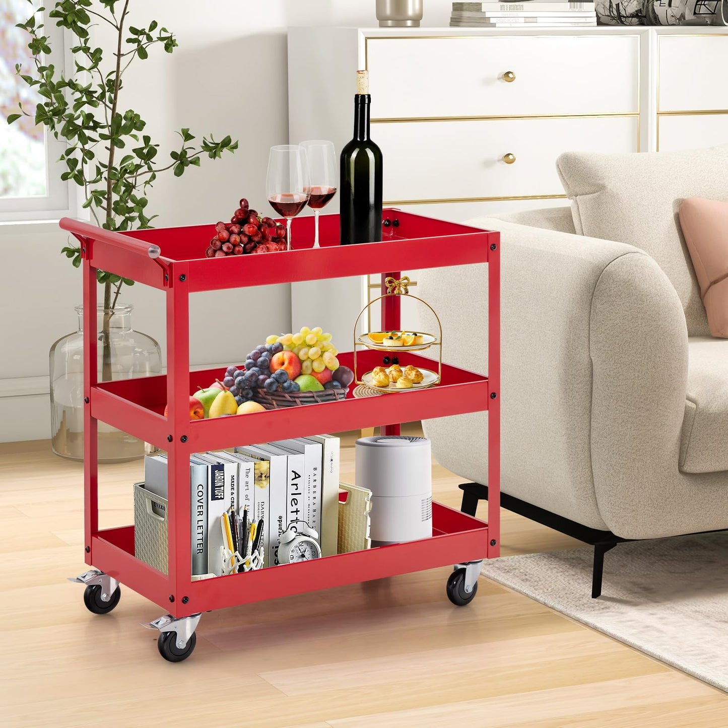 Goplus 3-Tier Utility Cart, Heavy Duty Commercial Service Tool Cart w/Lockable Wheels, 330lbs Load Capacity, Ergonomic Handle, Rolling Mechanic Tool Cart Storage Organizer for Warehouse Garage Red