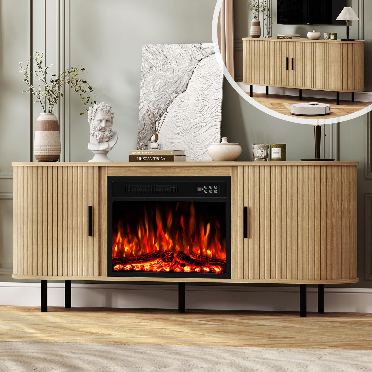 BREEZEHEAT 65'' Mid Century Modern Fluted TV Stand with 23" Fireplace, Curved Fireplace Entertainment Center for TVs Up to 75 Inches, Media Console Cabinet for Living Room/Bedroom, Oak Natural