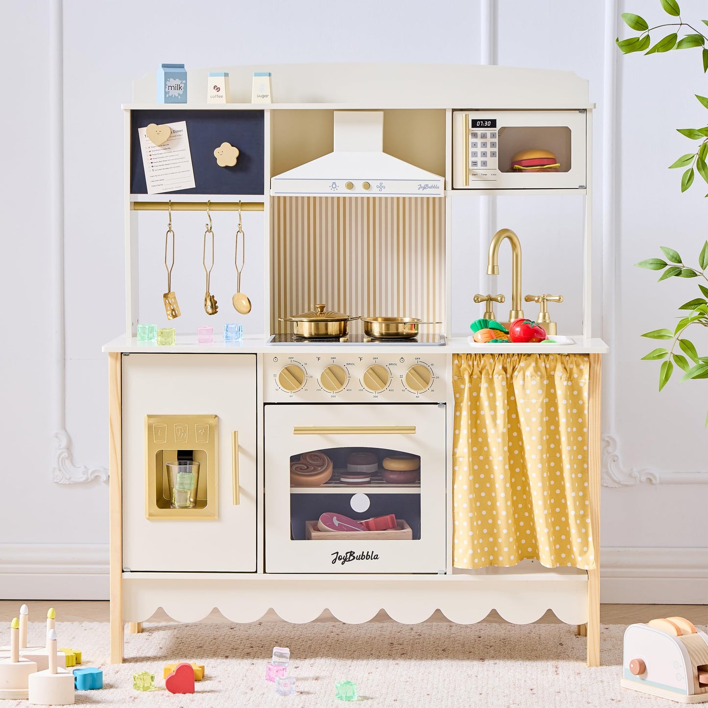JoyBubbla Wooden Play Kitchen for Toddlers, Modern Kids Kitchen Playset with Realistic Lights & Sounds, Toy Kitchen Set with 25 Pcs Accessories, Pretend Play for Girls & Boys Ages 3+, Cream White