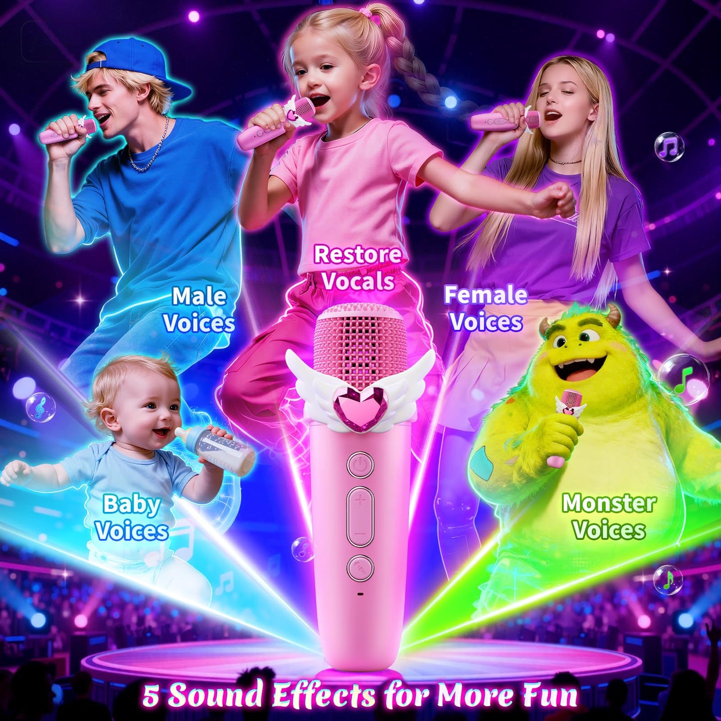 Unicorn Karaoke Machine with Wings & Castle Lights,2 Gem Wireless Microphones&5 Magic Voice,Portable Mini Bluetooth Speaker,Singing Toy Birthday Gift for 3 4 5 6 7 8 9 10 11 12 Year Old Girls Age 3-12