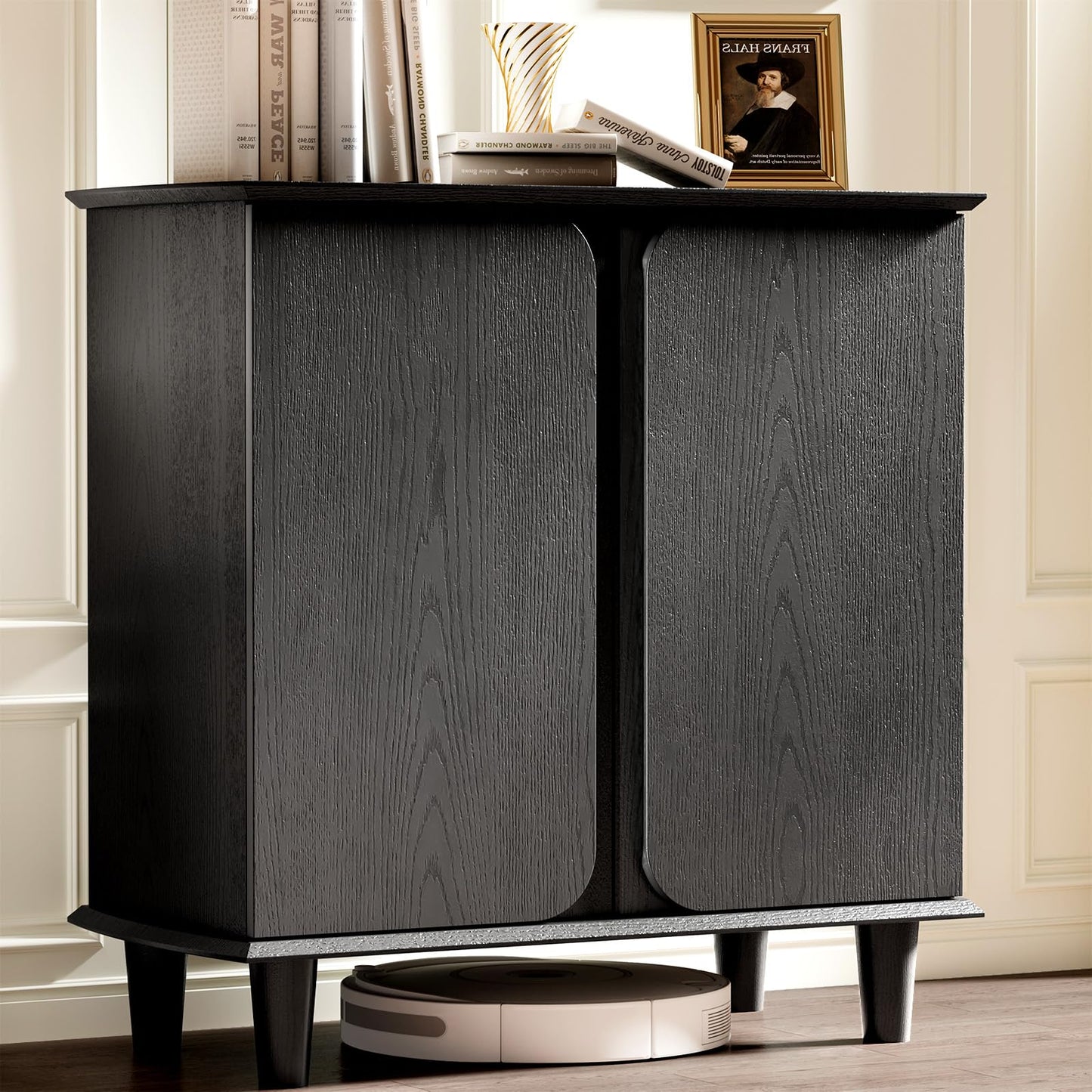 Plamle Curved Edge Sideboard Buffet Cabinet with Storage, Modern Black Freestanding Kitchen Cabinet with Raised Legs and Smooth Paint Finish for Living Room, Entryway, Dining Room