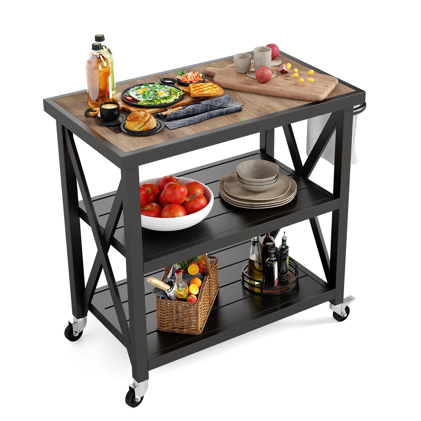 PHI VILLA Outdoor Grill Table, Elegant Grill Cart with Ceramic Wood Grain Table Top, Serving Cart with Shelves, Patio Grilling Backyard BBQ Grill Cart, Black