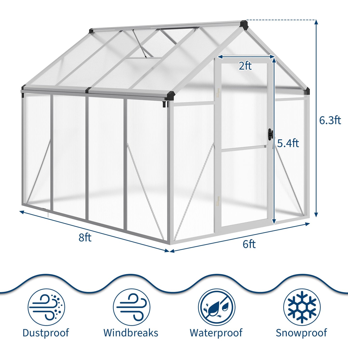 6X8 FT Outdoor Polycarbonate Greenhouse, Sturdy Aluminum Frame, Adjustable Roof Vent, Ideal for Backyard, Patio, or Garden, All-Weather Green House for Growing Plants and Vegetables