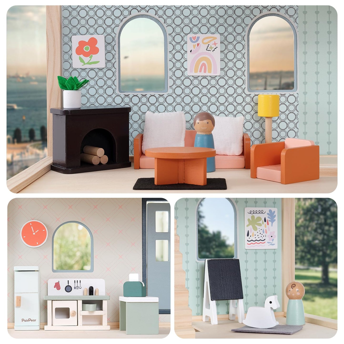 PairPear 56 Pcs Wooden Dollhouse Furniture with Family Dolls, Solid Wood Large Dollhouse Accessories for Toddlers 3 4 5 6, Pretend Play Furniture Toys Gift for Birthday and Christmas