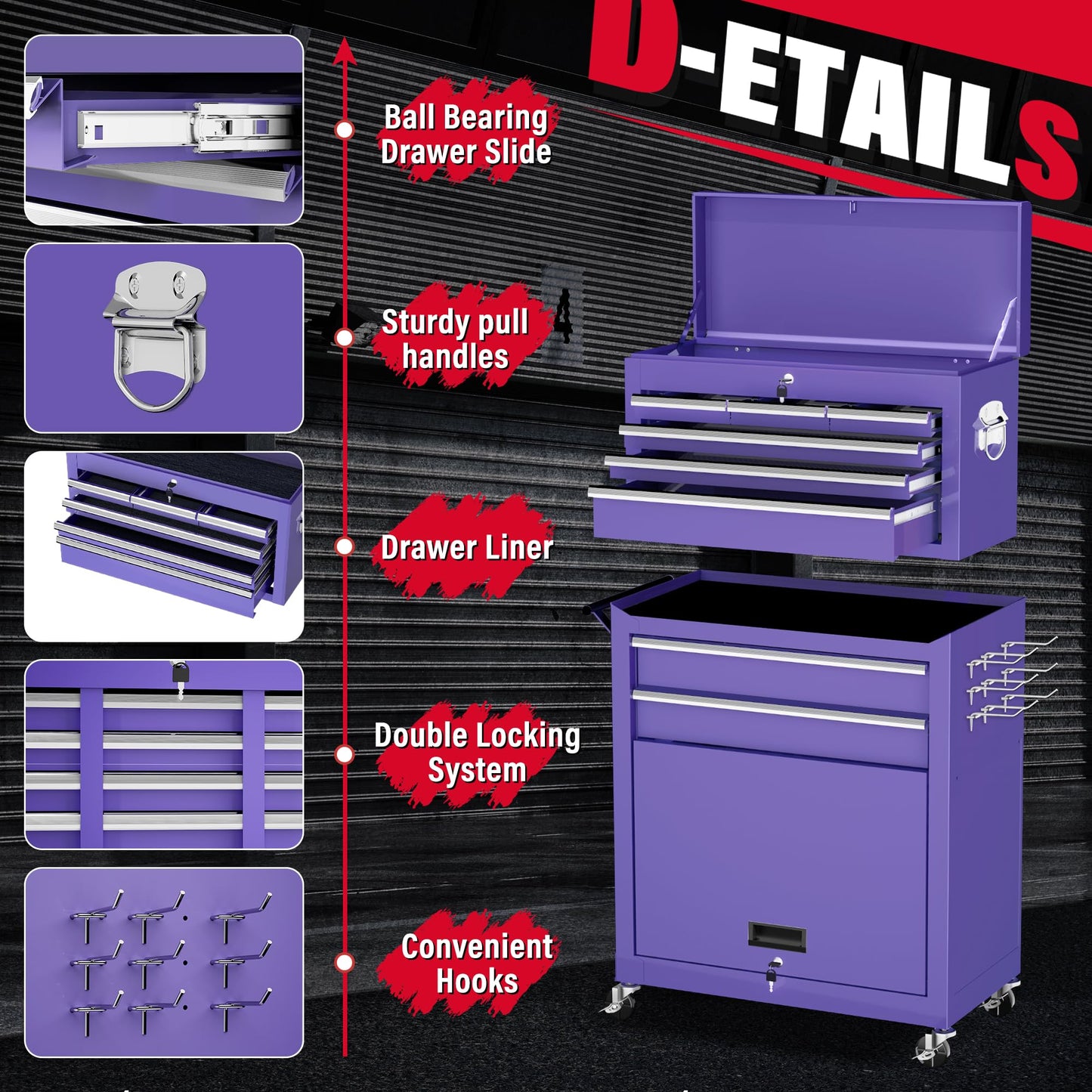 Greenvelly Metal Tool Chest,8-Drawer Rolling Tool Chest with Wheels,Tool Cabinet with Wheels,2 in 1 Detachable Tool Cabinet,Liners and Locking System for Warehouse, Garage,Workshop(Purple)