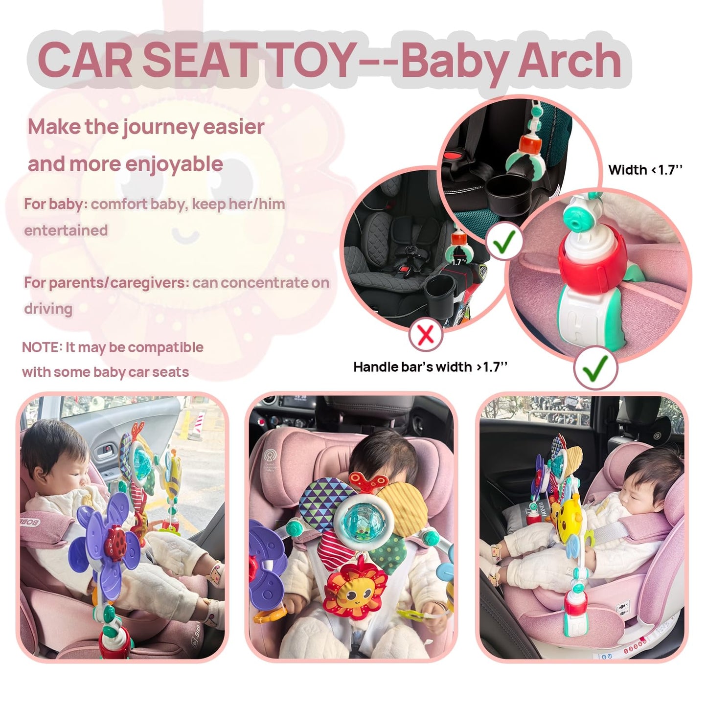 UTOPLIKEY Baby Activity Arch Toy Bar for Stroller, Bassinets and Car Seat, Adjustable Crib Toys Hanging Attachment, Sensory Development Toys with Rattles