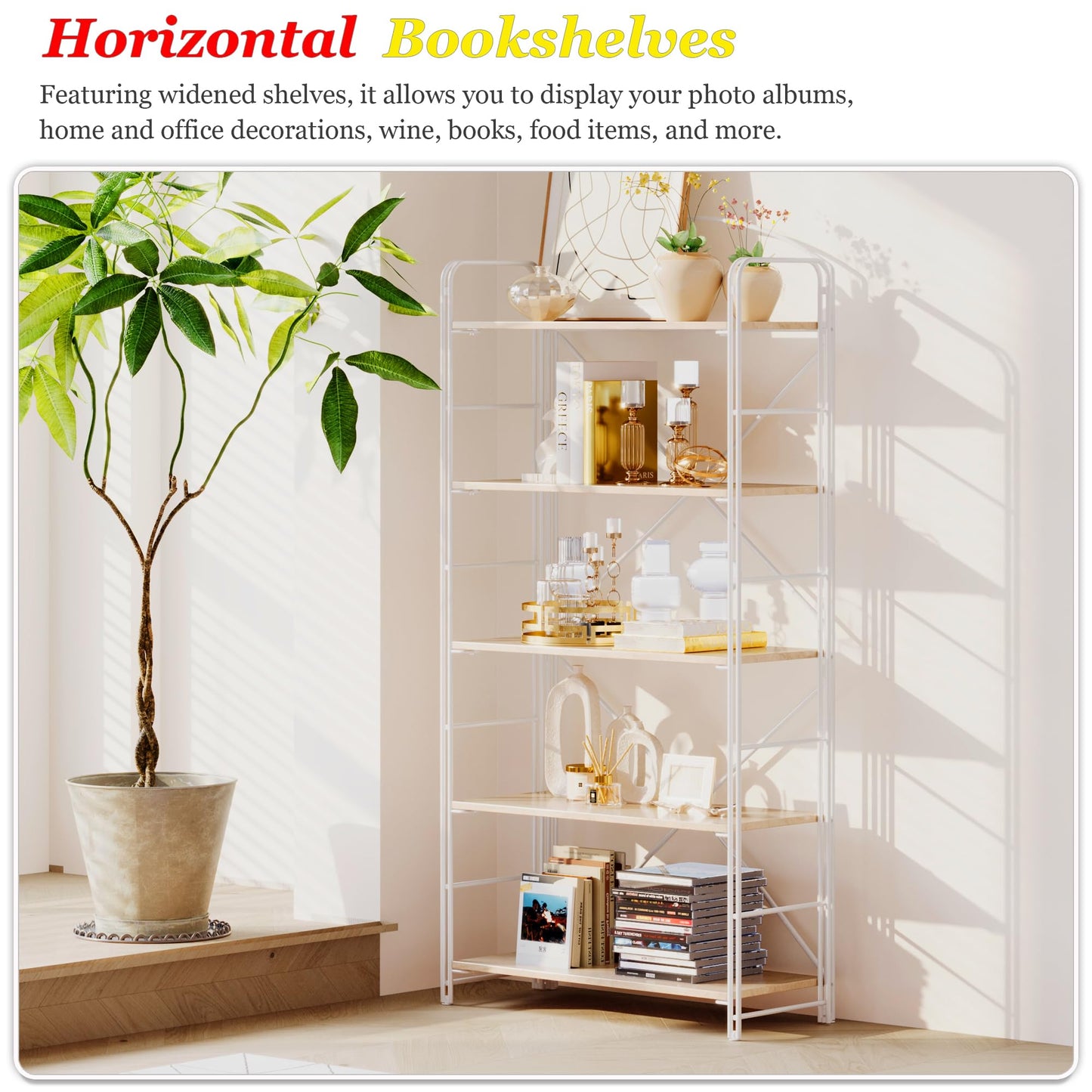 UDD Folding Bookshelf No Assembly, 54.1" H x 23.7" W, 5 Shelf Foldable Bookcase Industrial Collapsible Bookshelves, Open Storage Book Shelves for Small Spaces Home Office Living Room, Light Oak White