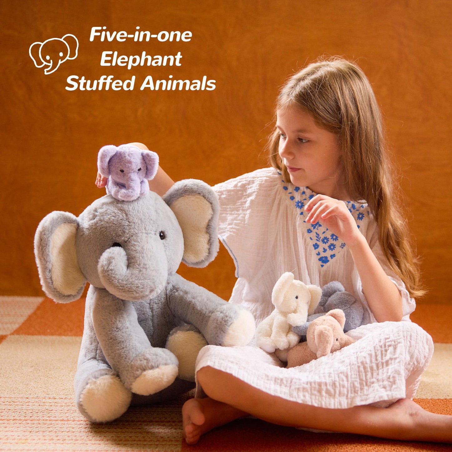 Vposyako 5 Pieces Elephant Stuffed Animals for Girls, 1 Mommy Elephant with 4 Babies Soft Plush Set Toys Gifts for Kids Children 3 4 5 6 7 8 9 Years, Christmas, Birthday, Children's Day