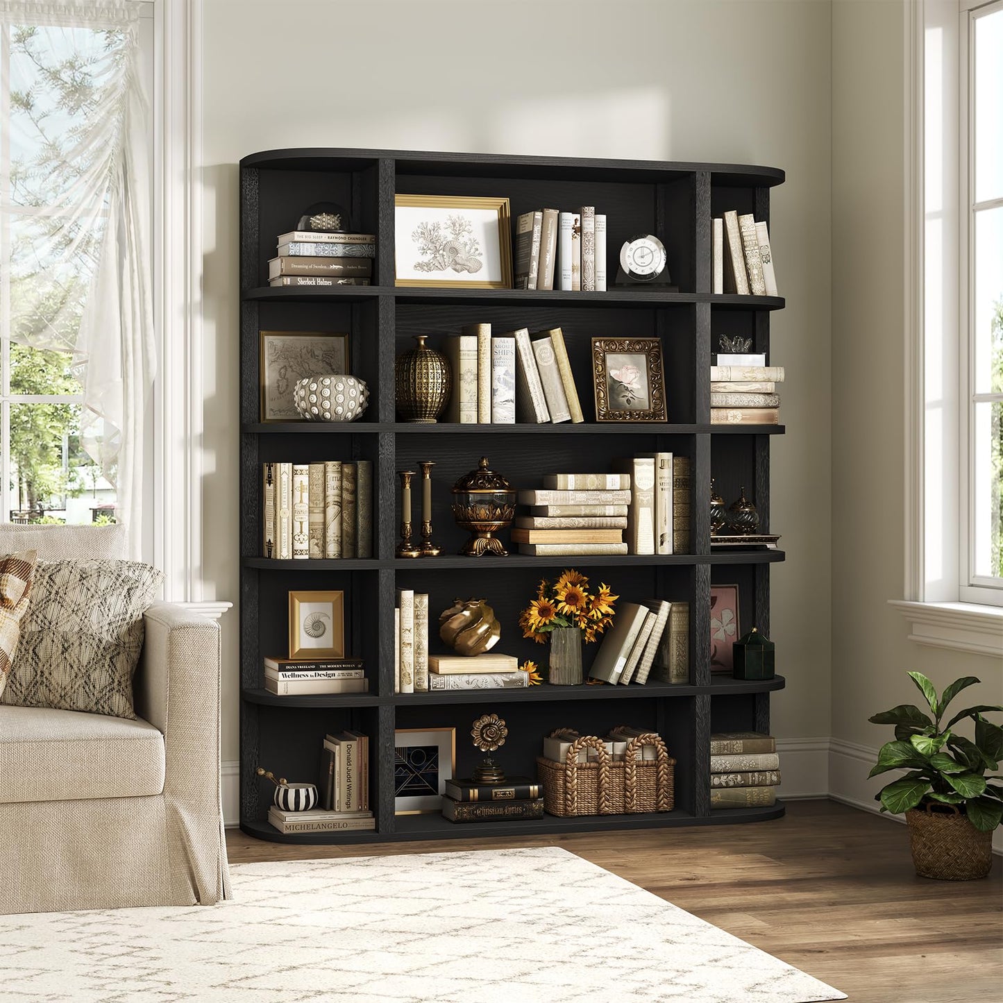 TVU 5-Tier Wood Book Shelf, 47" Wide Large Bookshelf and Bookcase, 62" Tall Bookshelf with Curved Side Shelves, Freestanding Wood Display Book Shelves for Living Room, Home Office, Black
