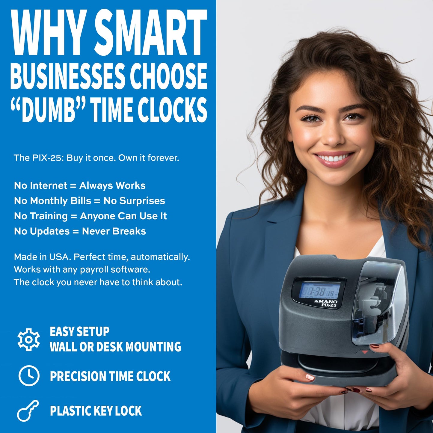 Amano PIX-25 Automatic Date & Time Stamp Machine — Digital Document Stamper for Office, Atomic Clock Accuracy, Electronic Time Clock for Employees, Made in USA