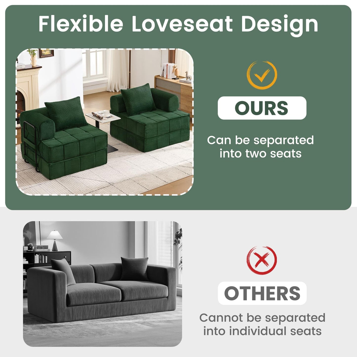 Korser 6-in-1 Convertible Sleeper Sofa Bed, Corduroy Folding Mattress Couch with Fixed-Shape Frame, Modular Foldable Boneless Couch, Loveseat Couches with 2 Pillows, for Living Room, Bedroom, Green