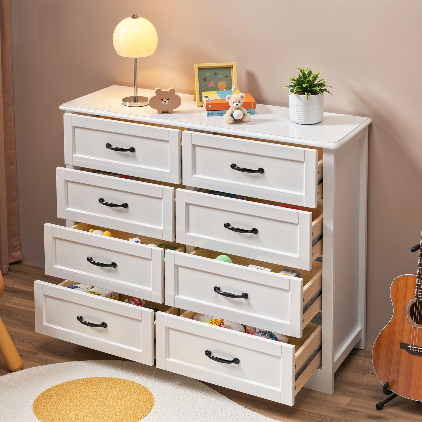 Gizoon 8 Drawer Dresser for Bedroom，Larger Chest of Drawers with Mental Handle for Kids Room, White Dresser with 8 Storage Drawers for Living Room, Entryway and Hallway, White