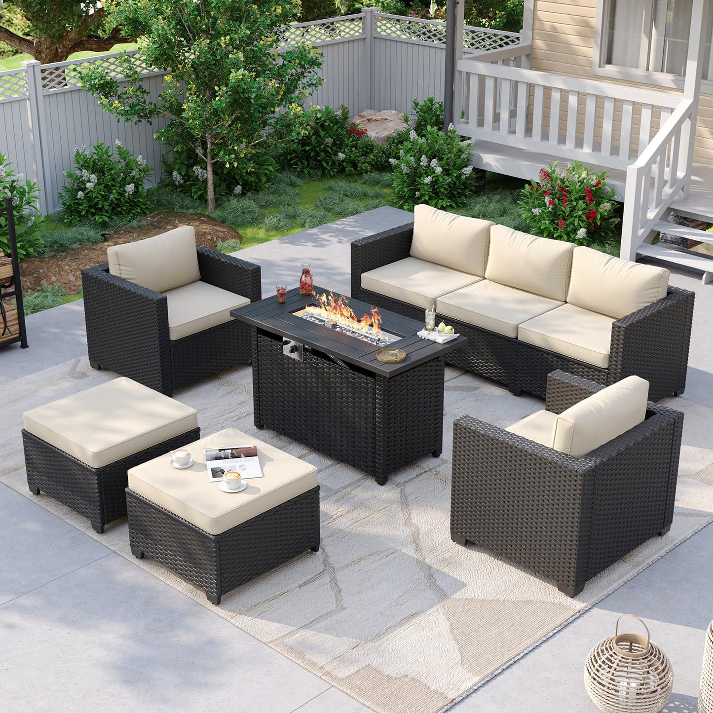 Aoxun Patio Furniture Set with Fire Pit Table, 6 Piece Outdoor Furniture Set with Wicker Ottomans, Rattan Outdoor Sectional Sofa with Thickened Cushion & Waterproof Cover Beige