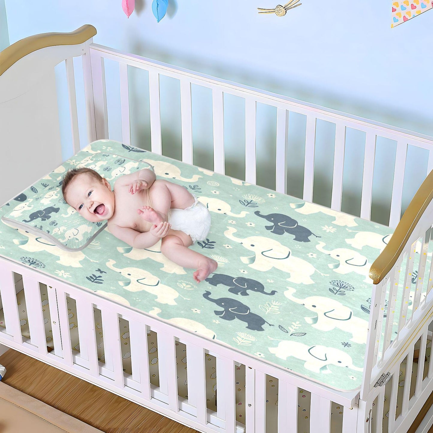 Burbuja Baby Cooling Mat Baby Elephant Bed Pad Ice Silk Cool Mat for Crib Mattress, Sleeping Pad with Pillowcase for Girl Boy, 28x52 in